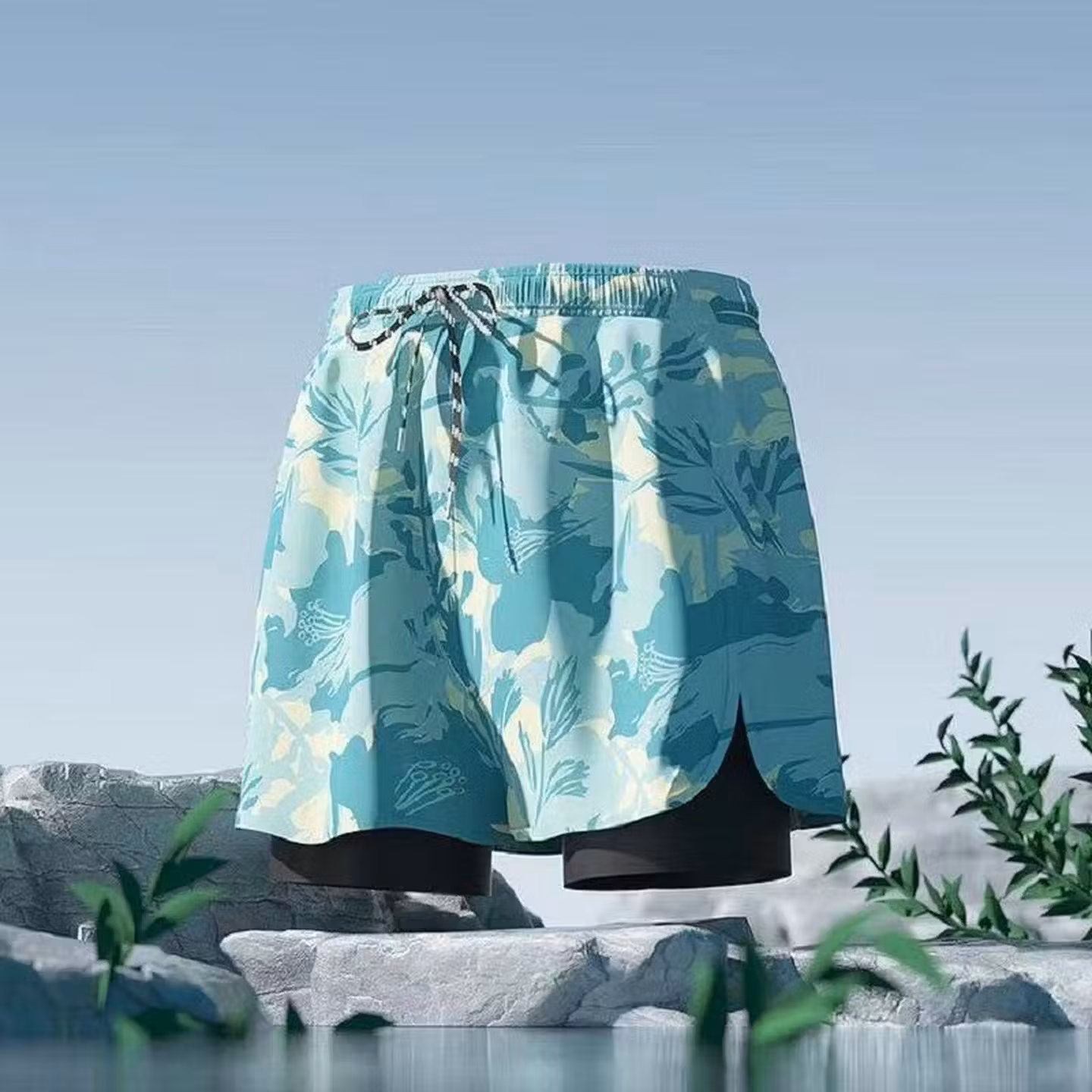 Double-layer Swimming Trunks Men's Anti-embarrassment Three-point Adult Quick-drying Breathable Elastic Loose Swimming Sports Beach Pants_voghion.com