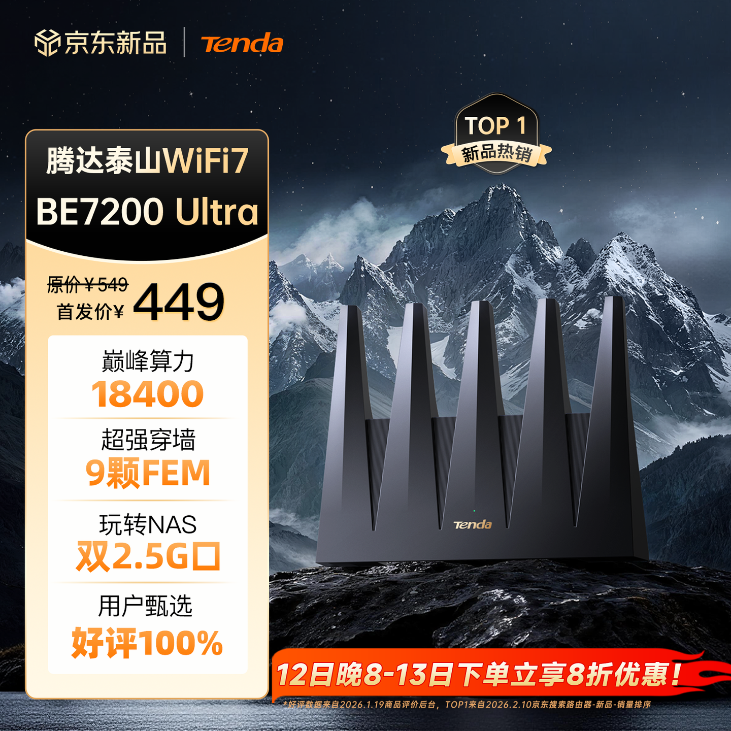 Tenda 腾达 泰山BE7200 Ultra WiFi7千兆路由器 穿墙王信号放大器 Plus会员国补折后￥338.15 限时返67.63元 晒单返20元红包