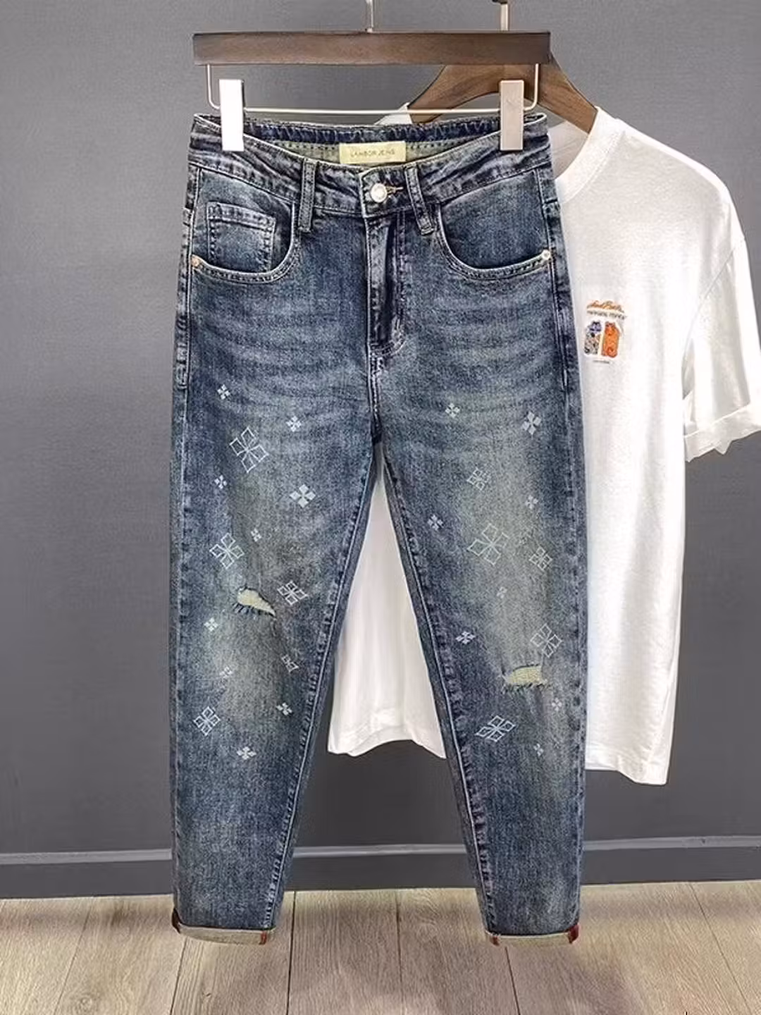 Scratched Ripped Jeans Men's Summer Thin Retro Old Slim-fitting Pants Trendy Brand Printed Nine-point Pants, Blue 29_viptrois.com
