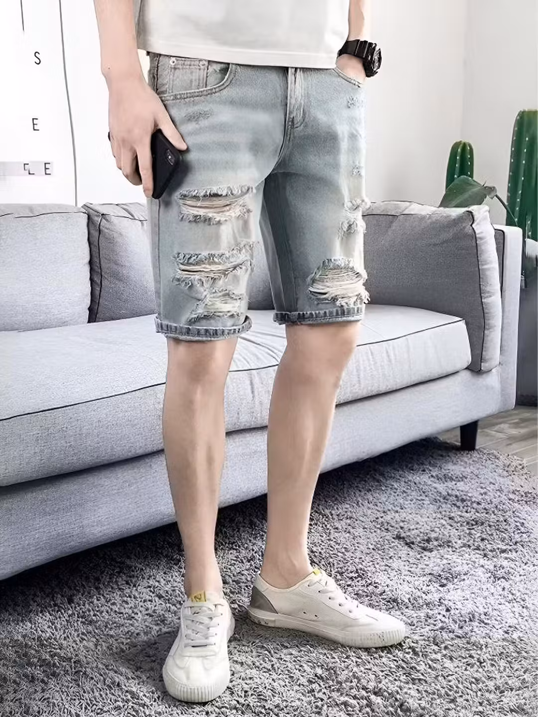 Ripped Denim Shorts Men's Summer Thin 2026 New Casual Loose Washed 5 Five-point Pants Straight Breeches, White And Blue 28_viptrois.com