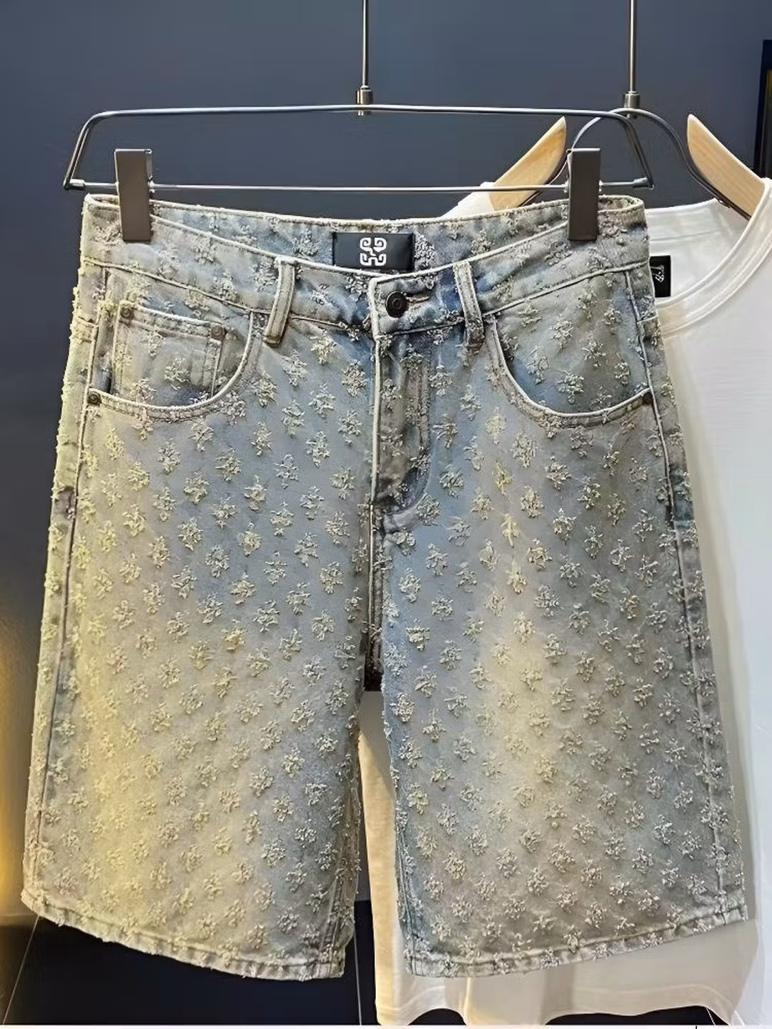 Full Print Jacquard Denim Shorts Men's Summer American Retro Trendy Brand Design Sense Student Ruffian Handsome Casual Five-point Pants, Blue S_viptrois.com