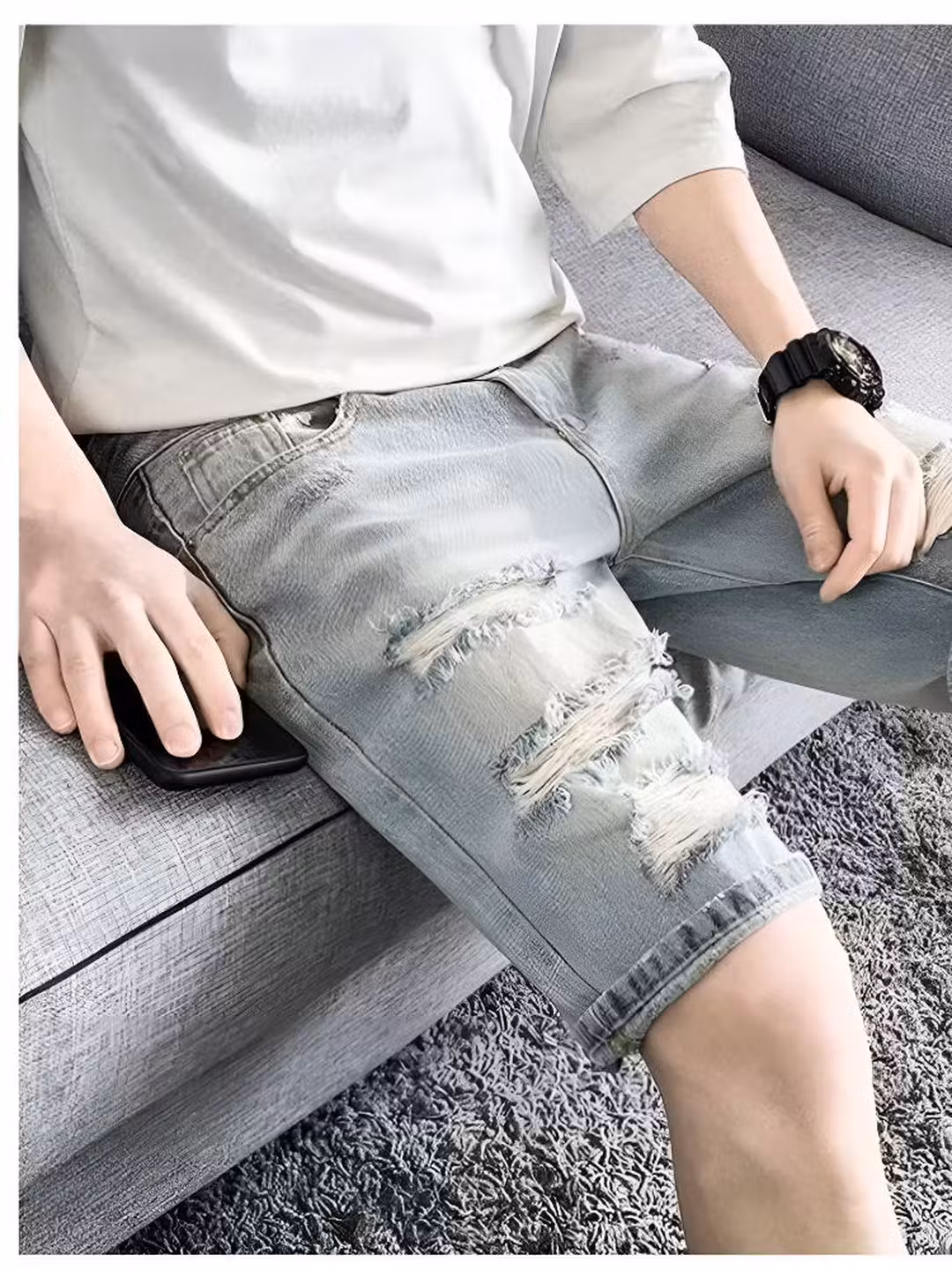Ripped Denim Shorts Men's Summer Thin 2026 New Casual Loose Washed 5 Five-point Pants Straight Breeches, White And Blue 28_viptrois.com