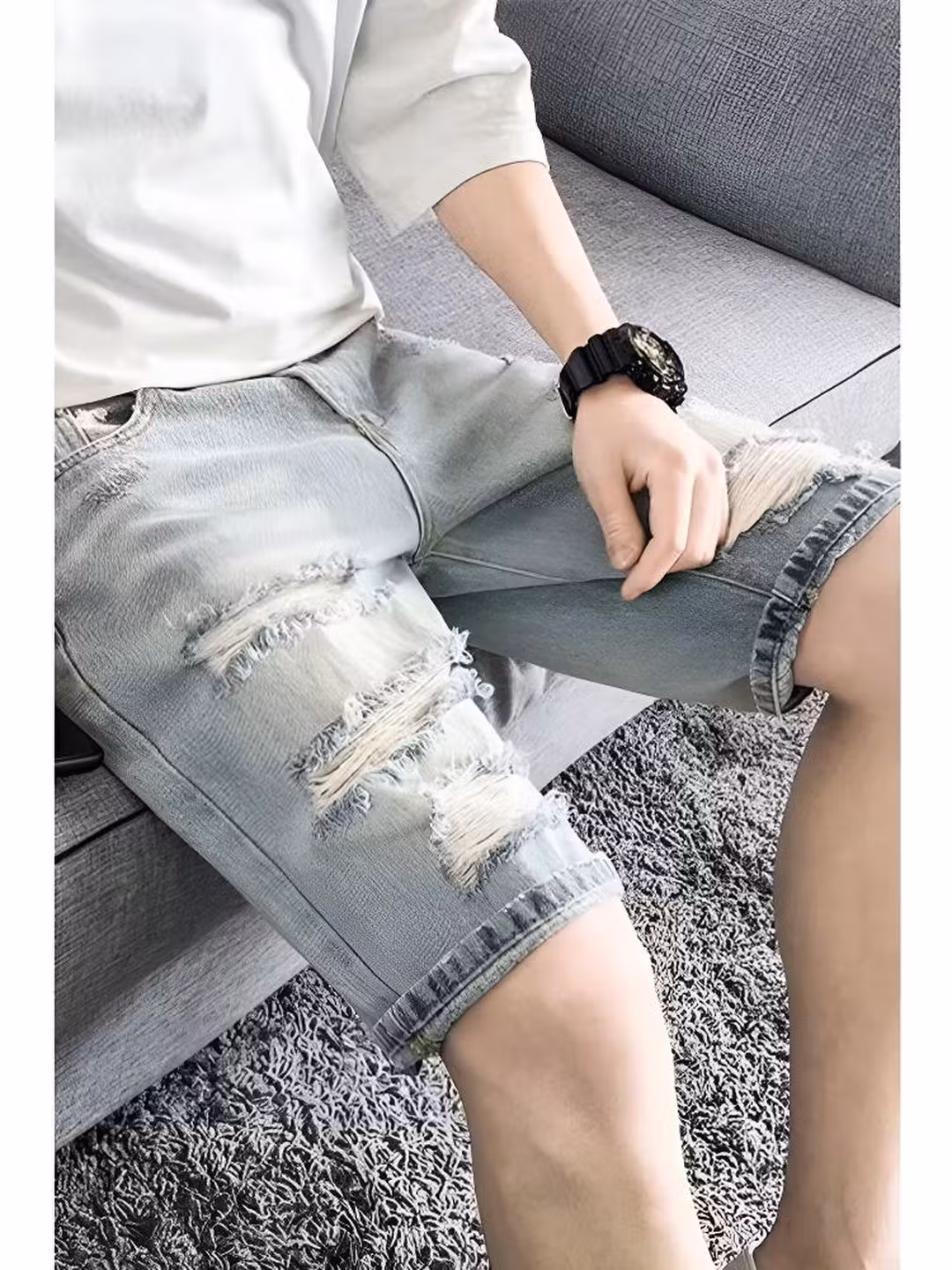Ripped Denim Shorts Men's Summer Thin 2026 New Casual Loose Washed 5 Five-point Pants Straight Breeches, White And Blue 28_viptrois.com