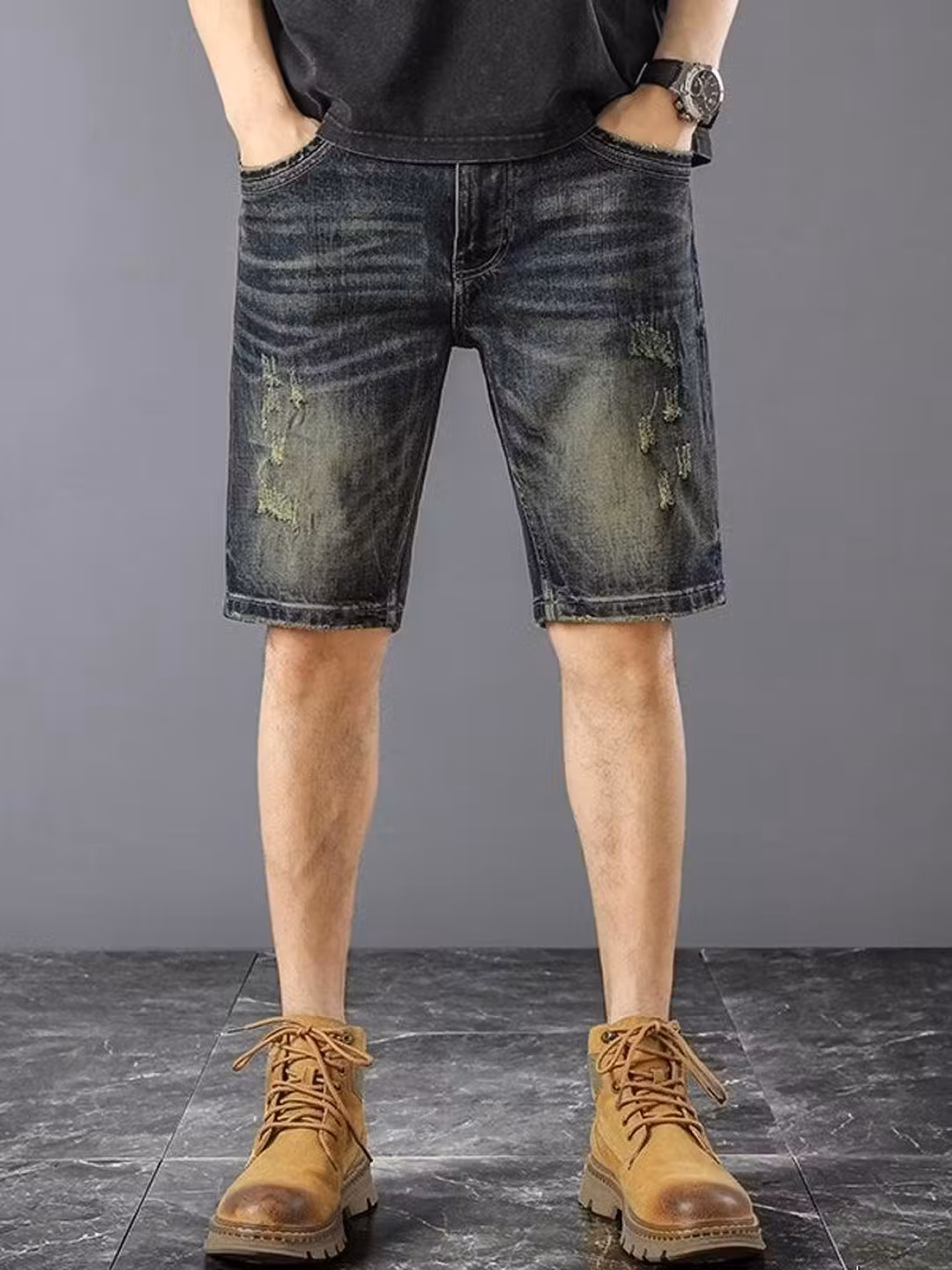 American Retro Denim Shorts Men's 2026 Summer Thin Ripped Scratched Design Handsome Casual Five-point Pants, Blue 28_mkmklike.com