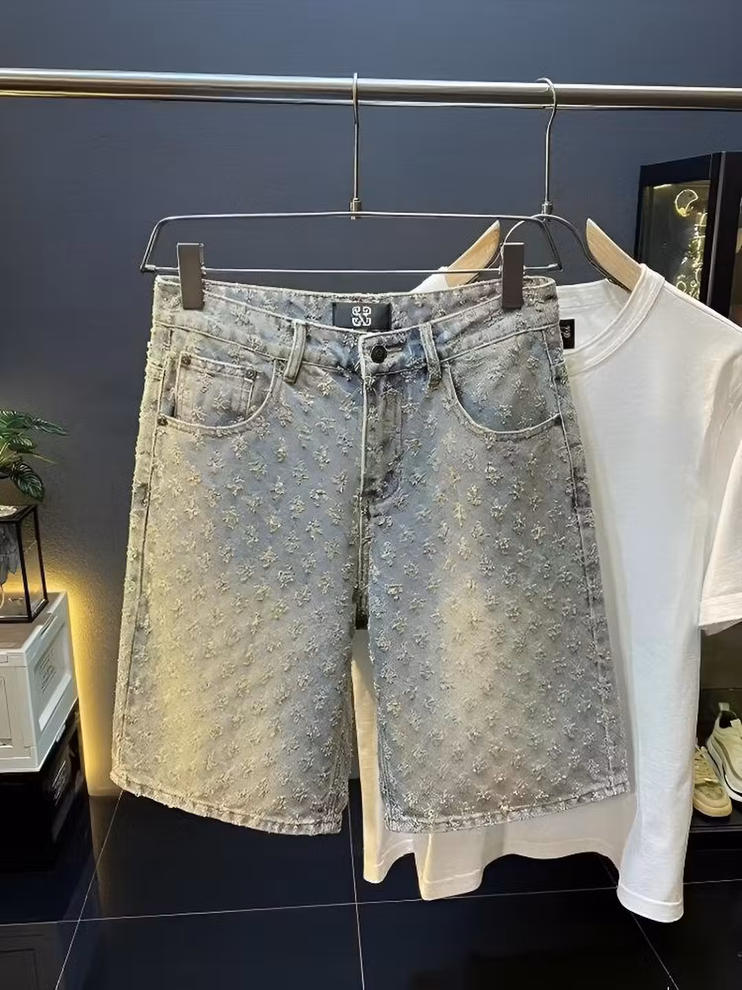 Full Print Jacquard Denim Shorts Men's Summer American Retro Trendy Brand Design Sense Student Ruffian Handsome Casual Five-point Pants, Blue S_viptrois.com