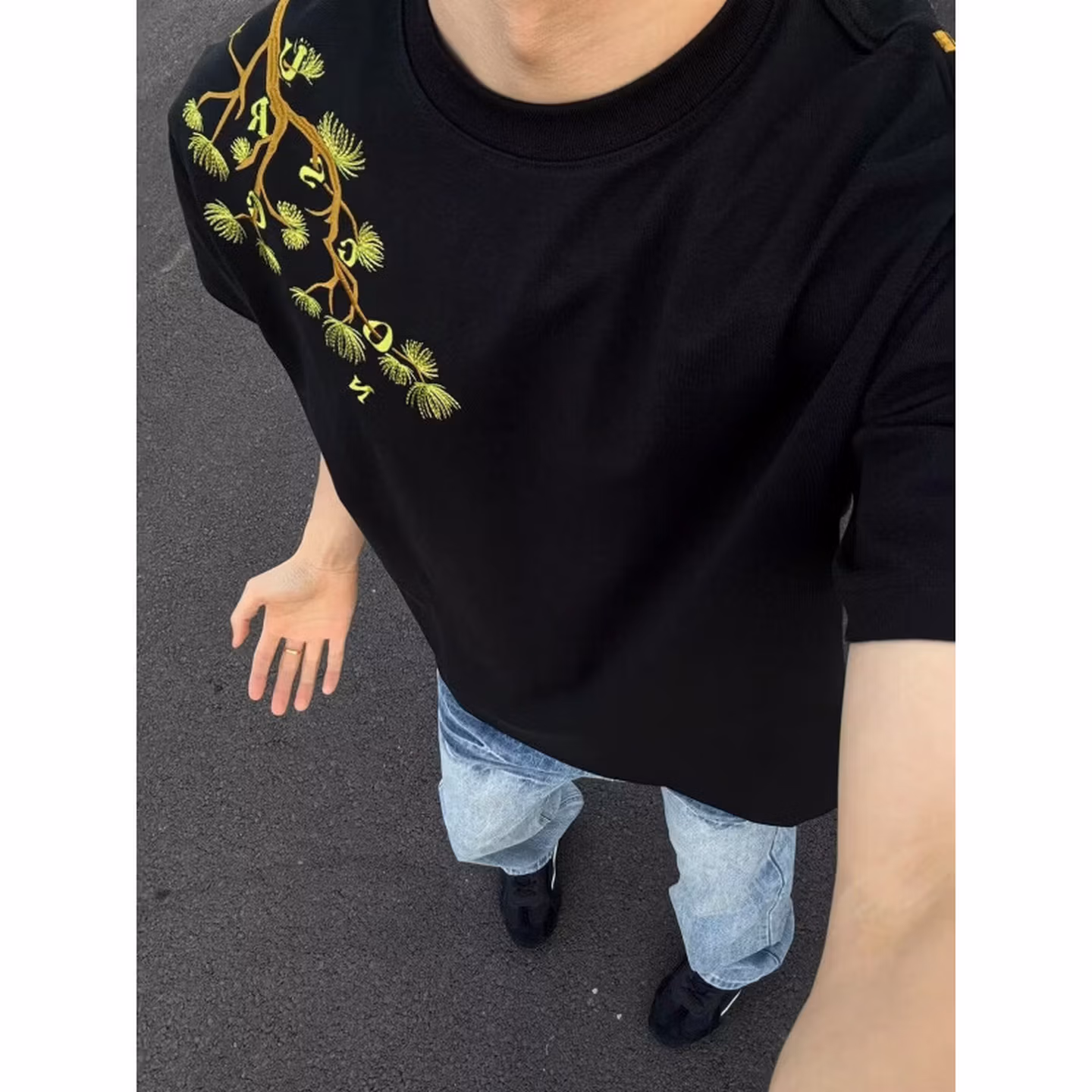 American Flower Embroidered Short-sleeved T-shirt Men's High-end 2026 Summer New Personalized Trendy Brand Loose And Versatile Top, Black 2XL_viptrois.com