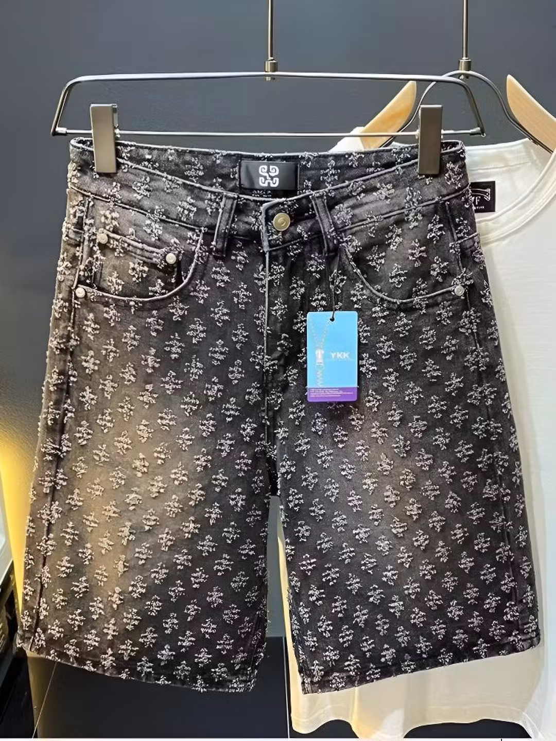 Full Print Jacquard Denim Shorts Men's Summer American Retro Trendy Brand Design Sense Student Ruffian Handsome Casual Five-point Pants, Blue S_viptrois.com
