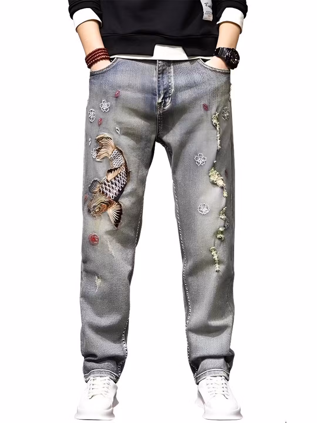 Premium Koi Embroidered Jeans Men's Summer Thin Trendy Brand Loose Straight Retro Ripped Casual Long Pants, Blue 33_mkmklike.com