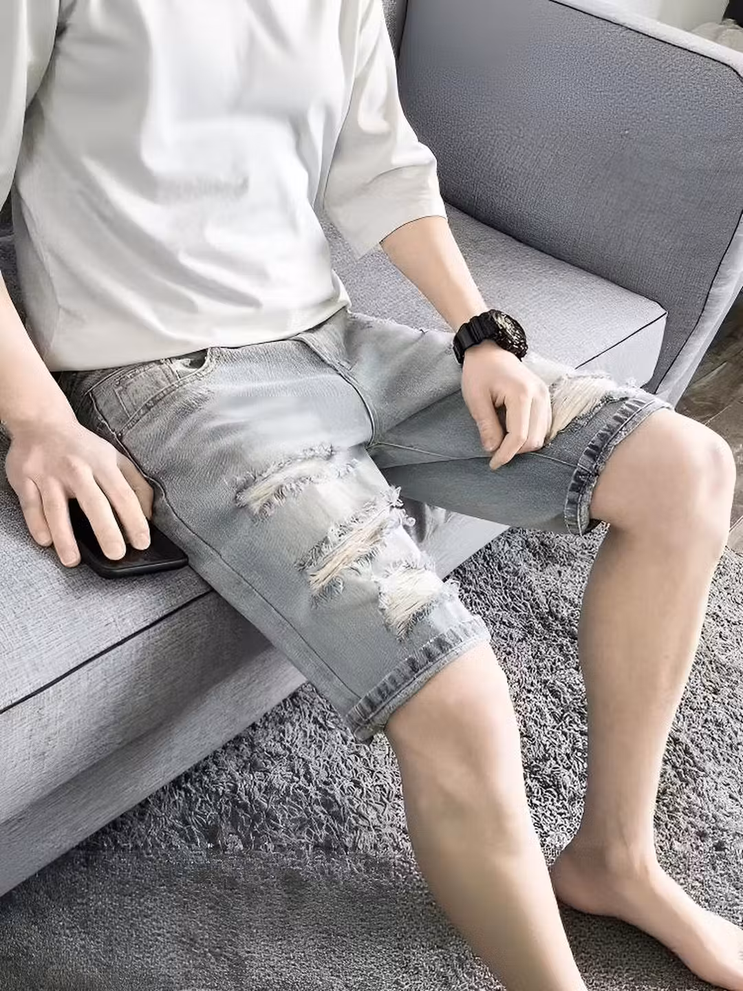 Ripped Denim Shorts Men's Summer Thin 2026 New Casual Loose Washed 5 Five-point Pants Straight Breeches, White And Blue 28_viptrois.com