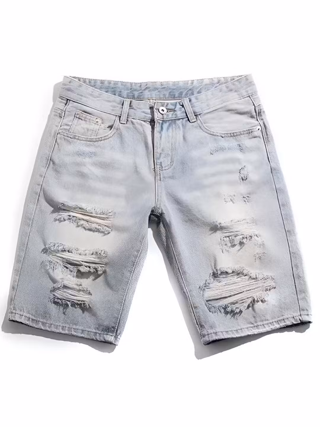 Ripped Denim Shorts Men's Summer Thin 2026 New Casual Loose Washed 5 Five-point Pants Straight Breeches, White And Blue 28_viptrois.com