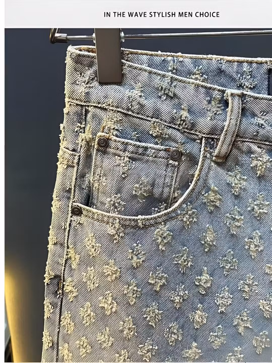 Full Print Jacquard Denim Shorts Men's Summer American Retro Trendy Brand Design Sense Student Ruffian Handsome Casual Five-point Pants, Blue S_viptrois.com