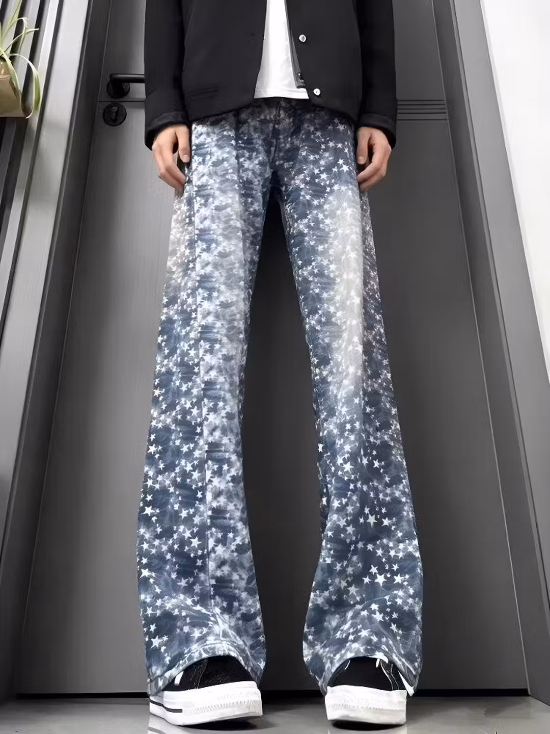 Stars Full Print Jacquard Jeans Men's American High Street Design Sense Of Gradual Change Straight Scimitar Casual Pants, Blue S_mkmklike.com