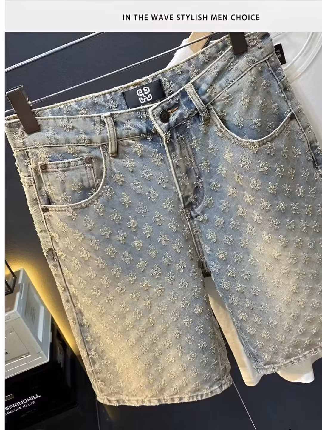 Full Print Jacquard Denim Shorts Men's Summer American Retro Trendy Brand Design Sense Student Ruffian Handsome Casual Five-point Pants, Blue S_viptrois.com