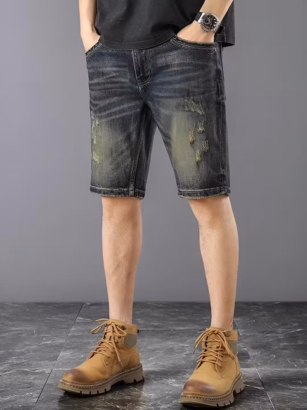 American Retro Denim Shorts Men's 2026 Summer Thin Ripped Scratched Design Handsome Casual Five-point Pants, Blue 28_mkmklike.com