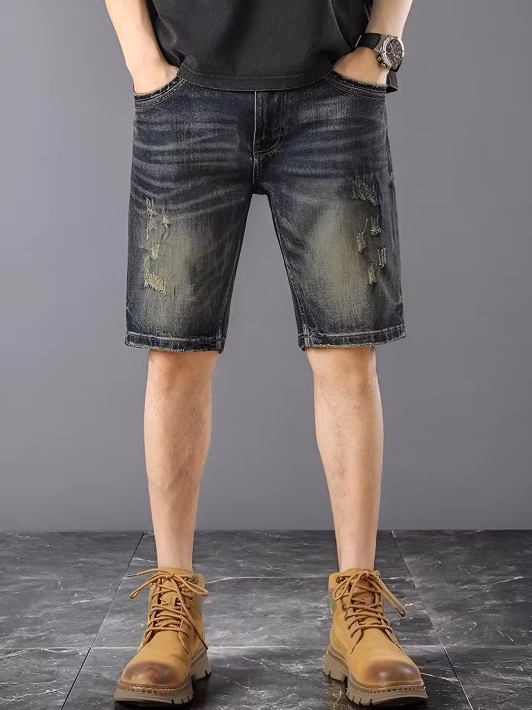 American Retro Denim Shorts Men's 2026 Summer Thin Ripped Scratched Design Handsome Casual Five-point Pants, Blue 28_mkmklike.com