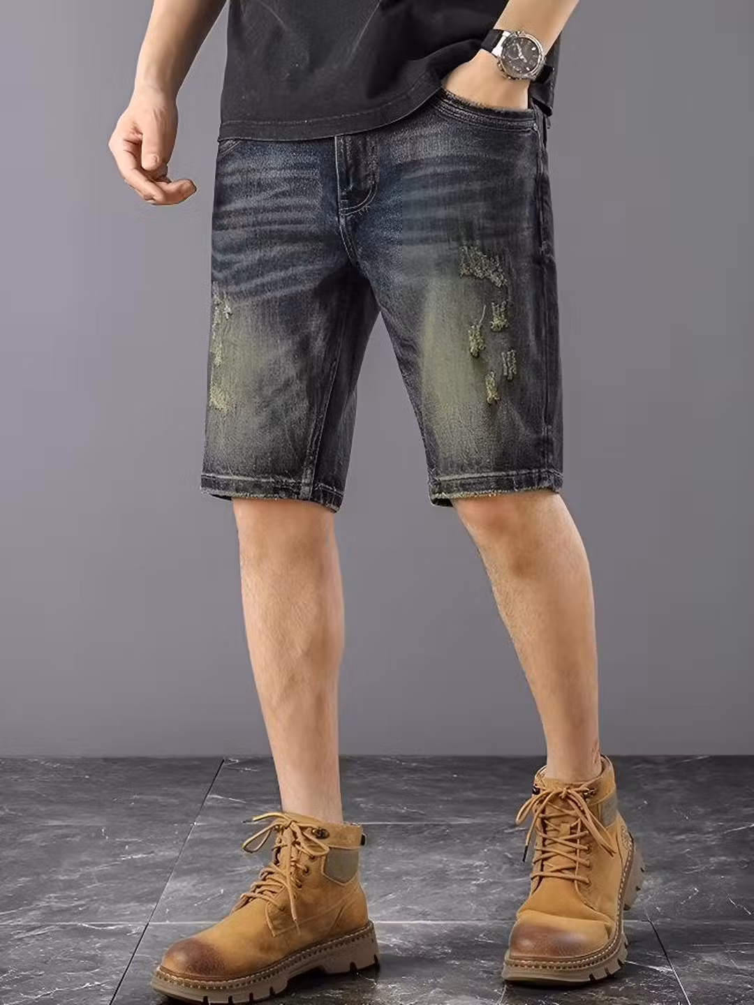 American Retro Denim Shorts Men's 2026 Summer Thin Ripped Scratched Design Handsome Casual Five-point Pants, Blue 28_mkmklike.com