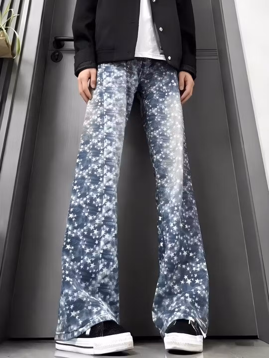 Stars Full Print Jacquard Jeans Men's American High Street Design Sense Of Gradual Change Straight Scimitar Casual Pants, Blue S_mkmklike.com