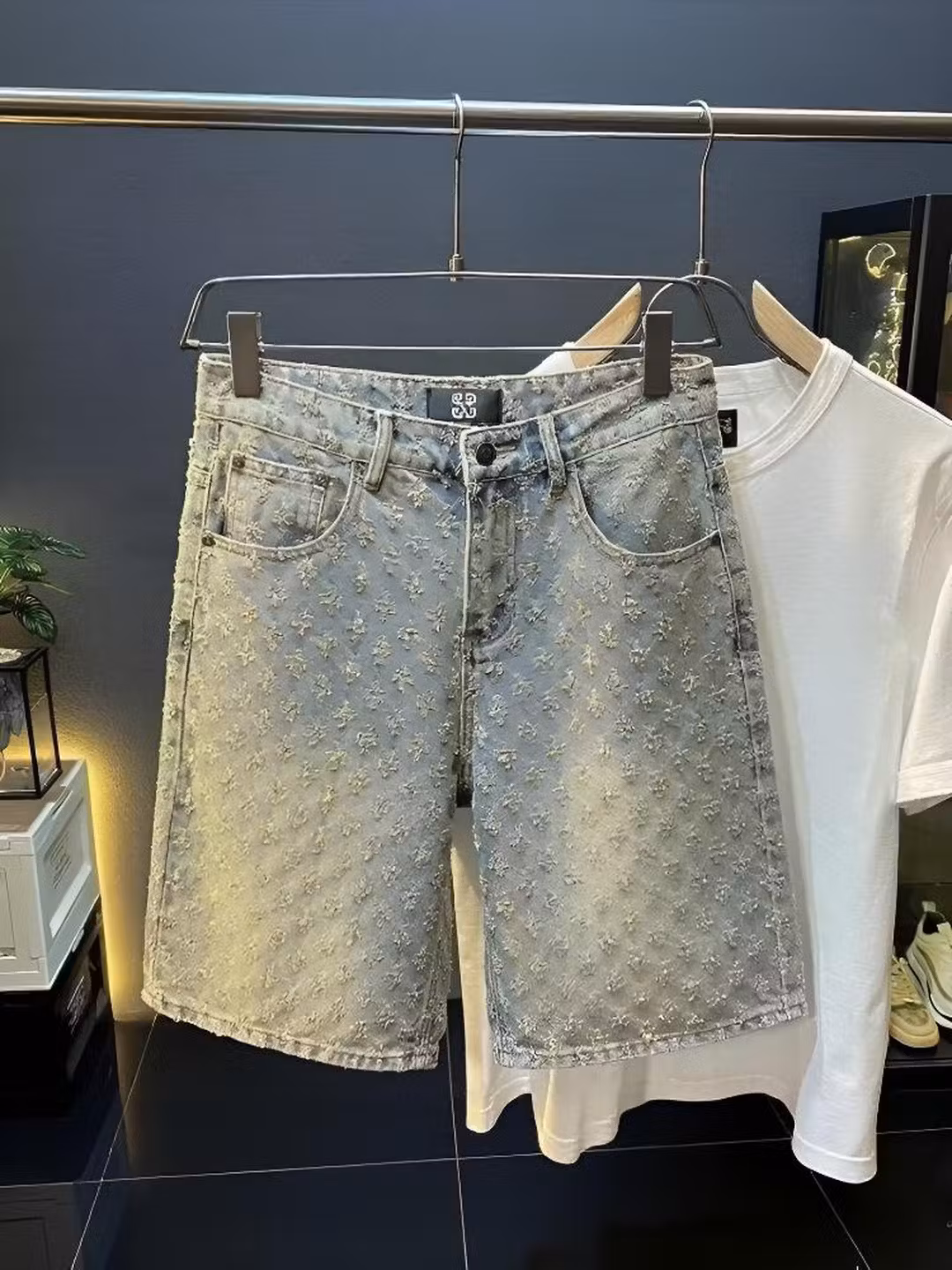 Full Print Jacquard Denim Shorts Men's Summer American Retro Trendy Brand Design Sense Student Ruffian Handsome Casual Five-point Pants, Blue S_viptrois.com