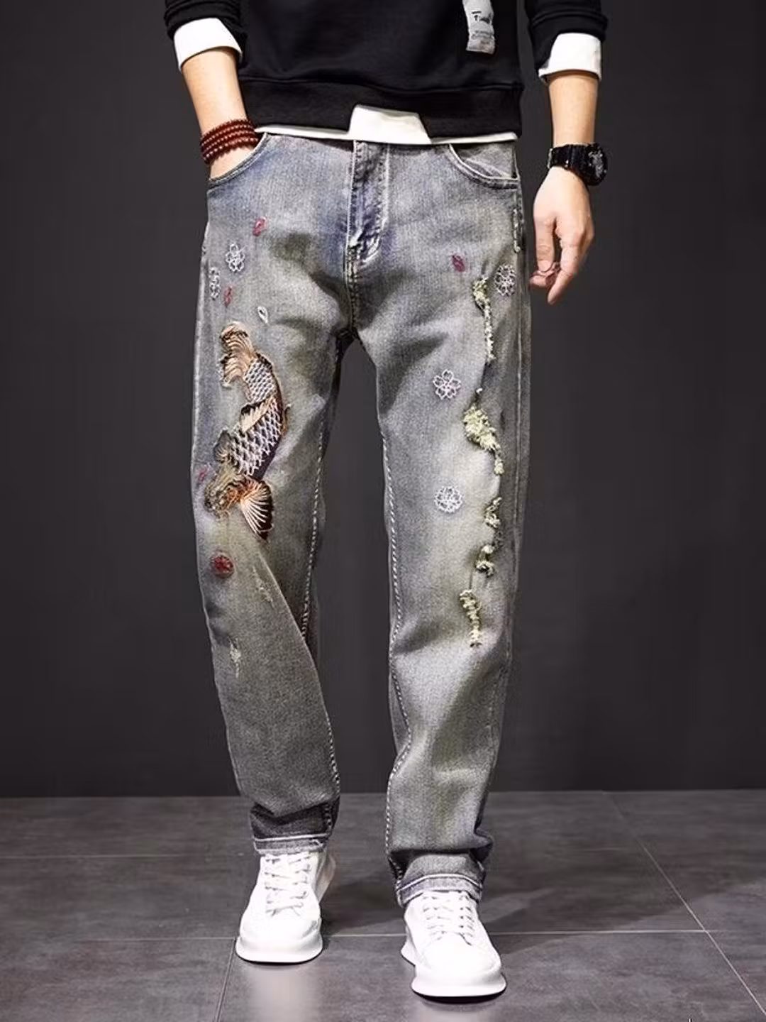 Premium Koi Embroidered Jeans Men's Summer Thin Trendy Brand Loose Straight Retro Ripped Casual Long Pants, Blue 33_mkmklike.com