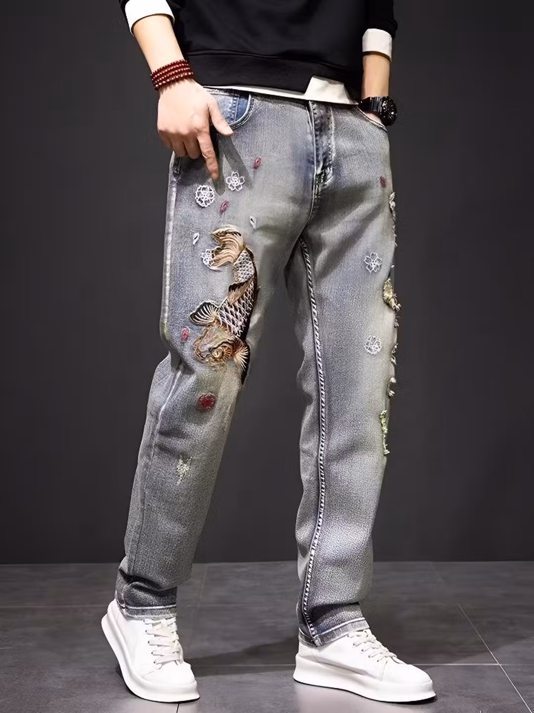 Premium Koi Embroidered Jeans Men's Summer Thin Trendy Brand Loose Straight Retro Ripped Casual Long Pants, Blue 33_mkmklike.com