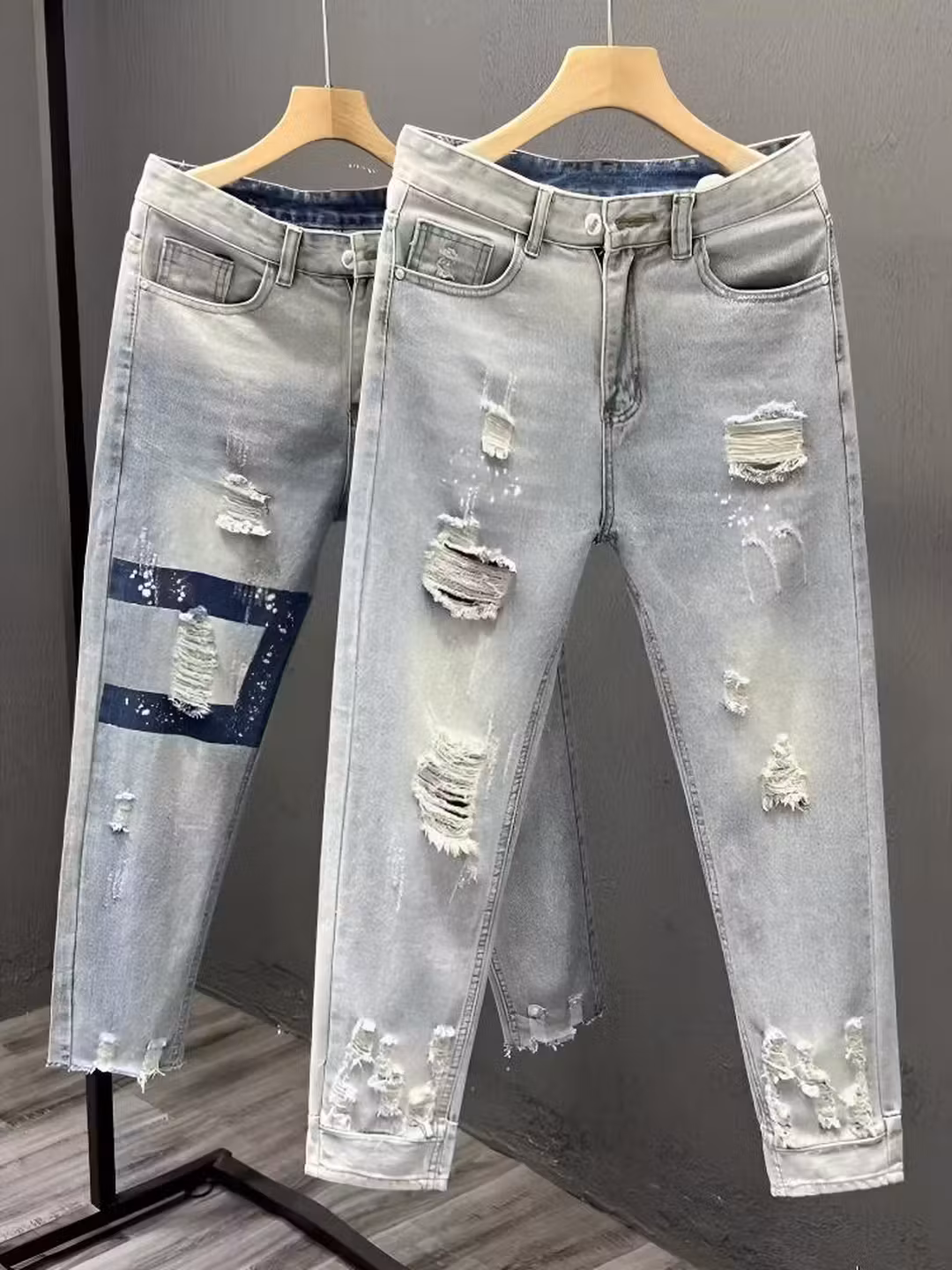 Ripped Nine-point Jeans Men's Summer Trendy Brand Elastic Straight Slim-fitting Pants Korean Version Of Student Ruffian Casual Pants, Blue 33_mkmklike.com