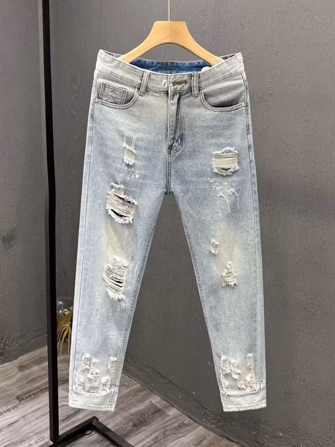 Ripped Nine-point Jeans Men's Summer Trendy Brand Elastic Straight Slim-fitting Pants Korean Version Of Student Ruffian Casual Pants, Blue 33_mkmklike.com