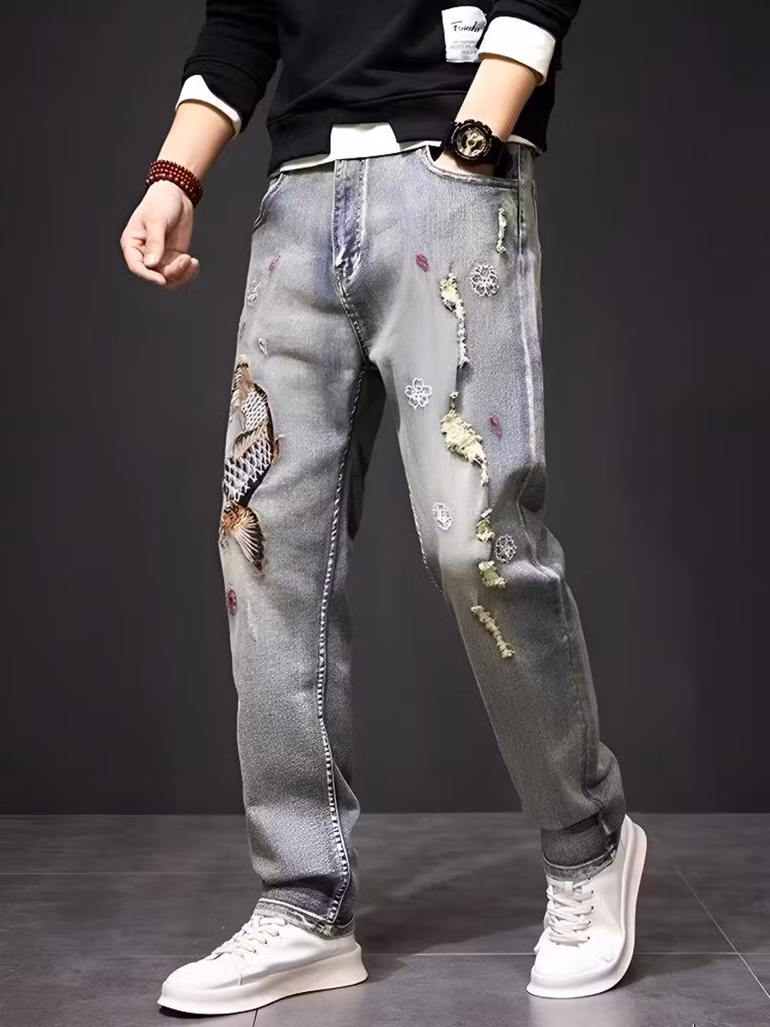 Premium Koi Embroidered Jeans Men's Summer Thin Trendy Brand Loose Straight Retro Ripped Casual Long Pants, Blue 33_mkmklike.com