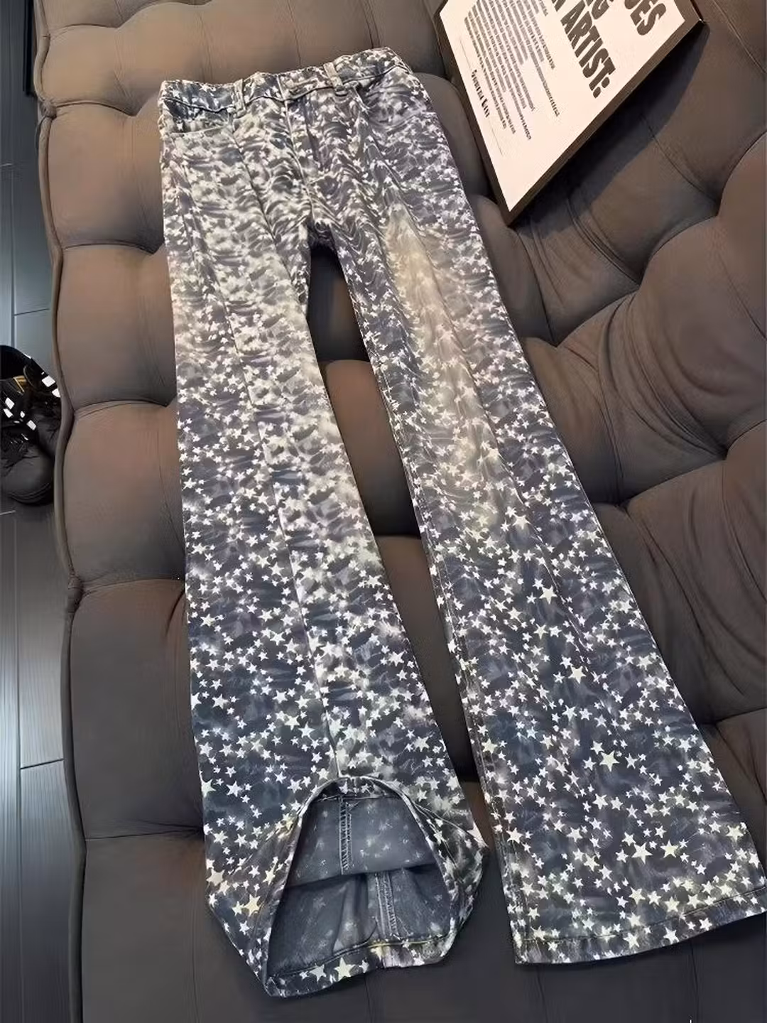 Stars Full Print Jacquard Jeans Men's American High Street Design Sense Of Gradual Change Straight Scimitar Casual Pants, Blue S_mkmklike.com