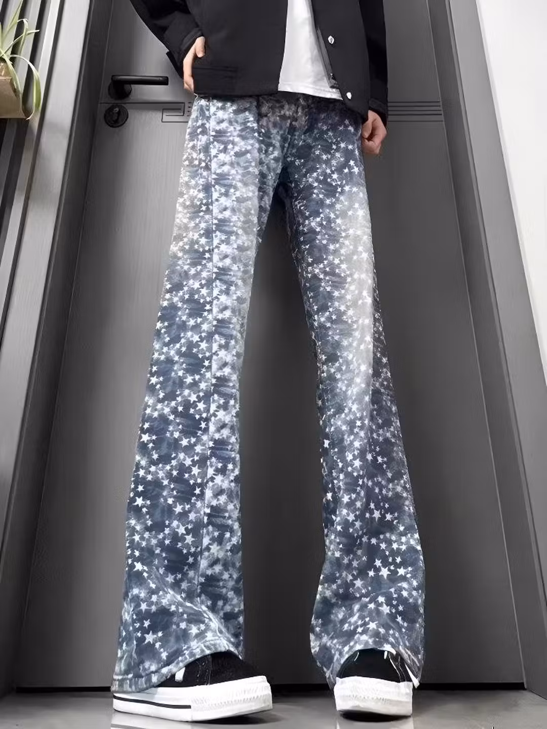 Stars Full Print Jacquard Jeans Men's American High Street Design Sense Of Gradual Change Straight Scimitar Casual Pants, Blue S_mkmklike.com