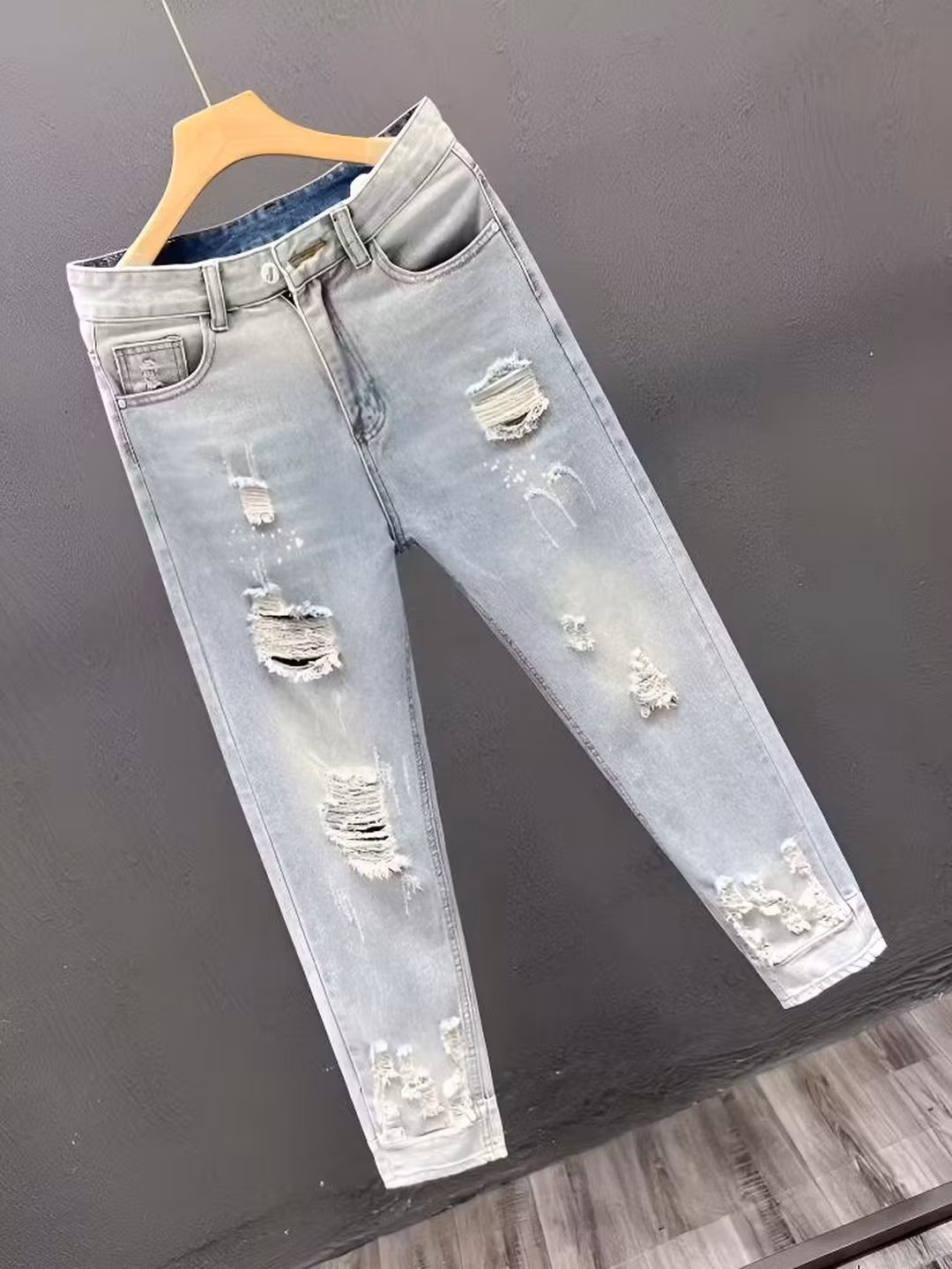 Ripped Nine-point Jeans Men's Summer Trendy Brand Elastic Straight Slim-fitting Pants Korean Version Of Student Ruffian Casual Pants, Blue 33_mkmklike.com