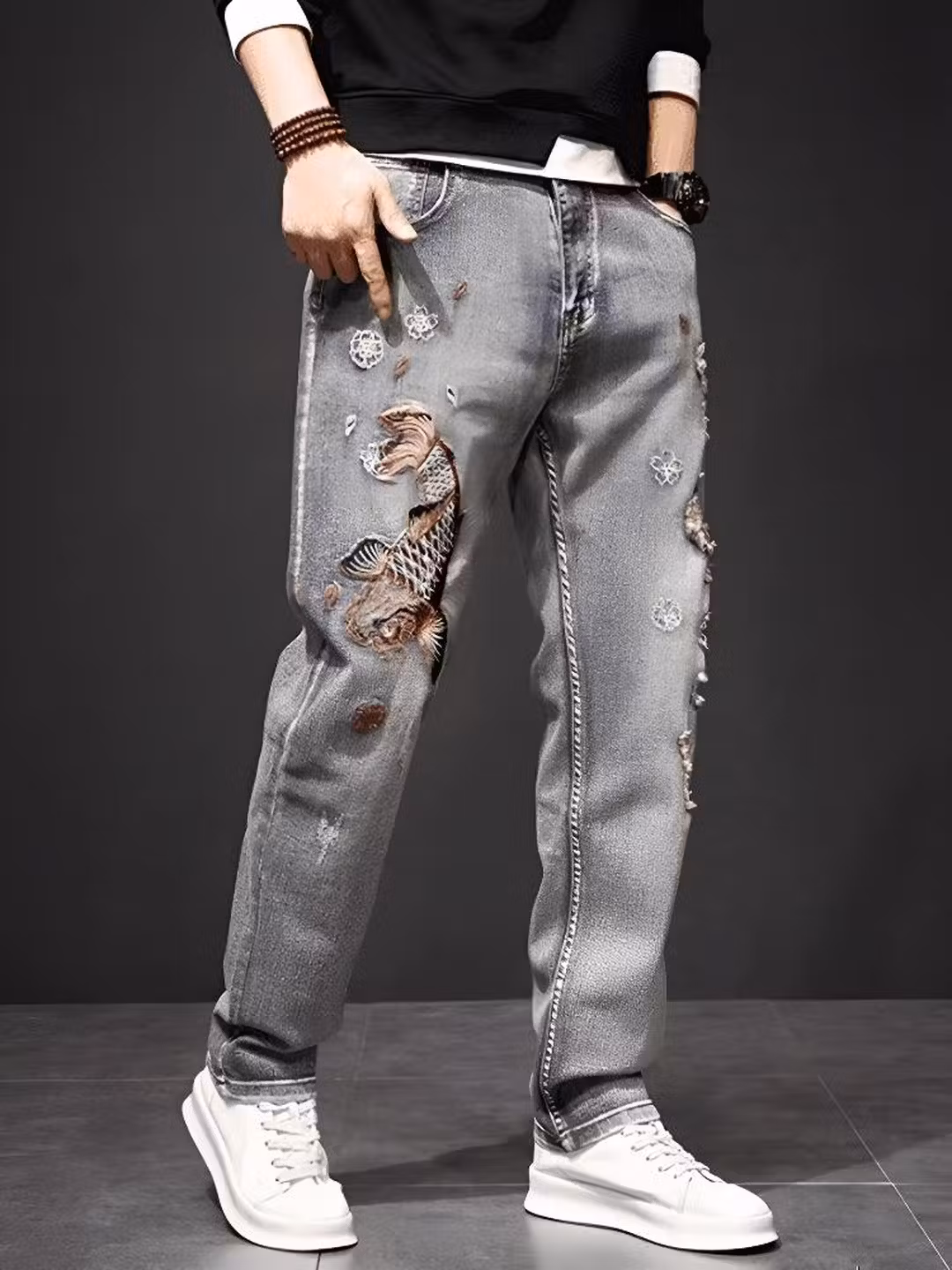 Premium Koi Embroidered Jeans Men's Summer Thin Trendy Brand Loose Straight Retro Ripped Casual Long Pants, Blue 33_mkmklike.com