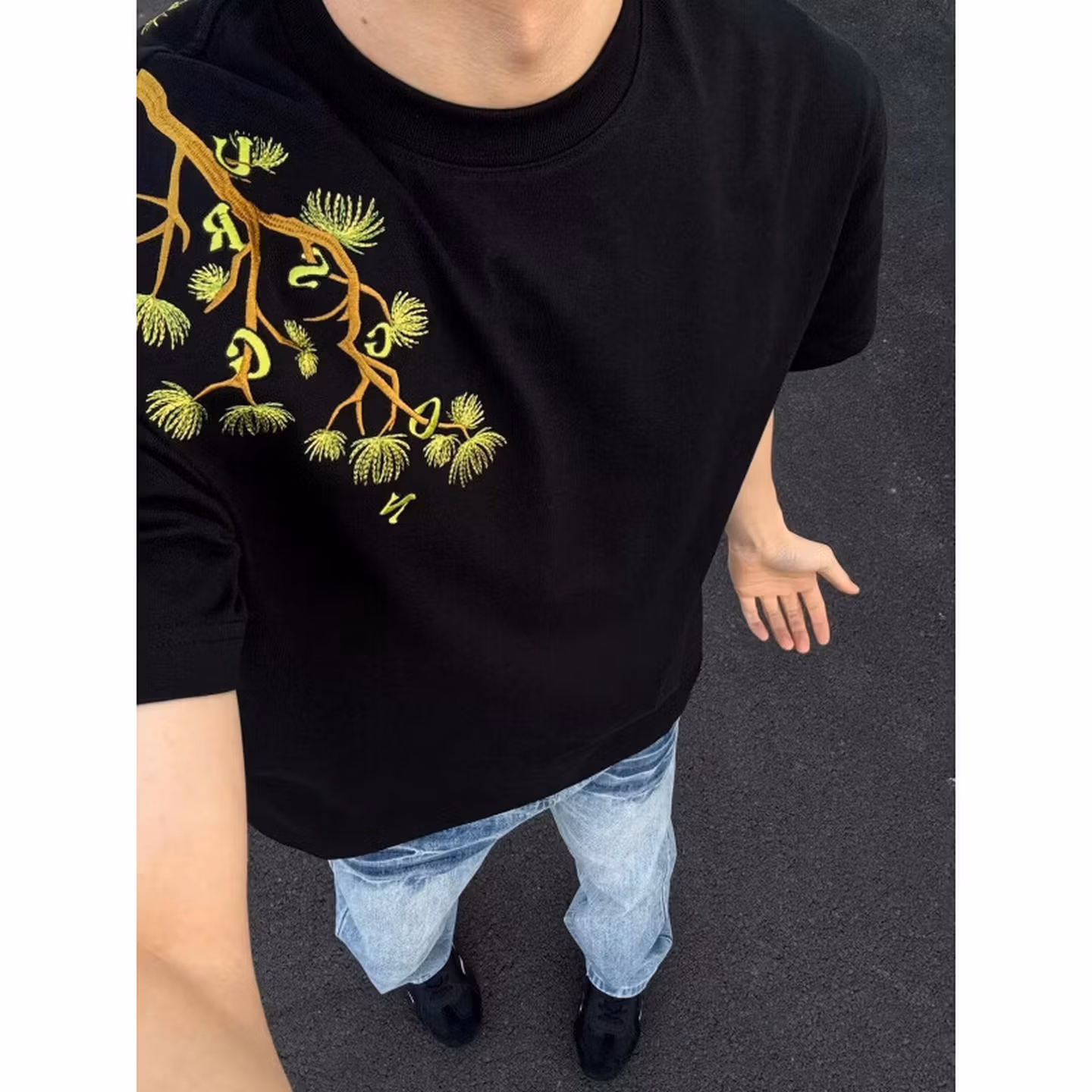 American Flower Embroidered Short-sleeved T-shirt Men's High-end 2026 Summer New Personalized Trendy Brand Loose And Versatile Top, Black 2XL_viptrois.com
