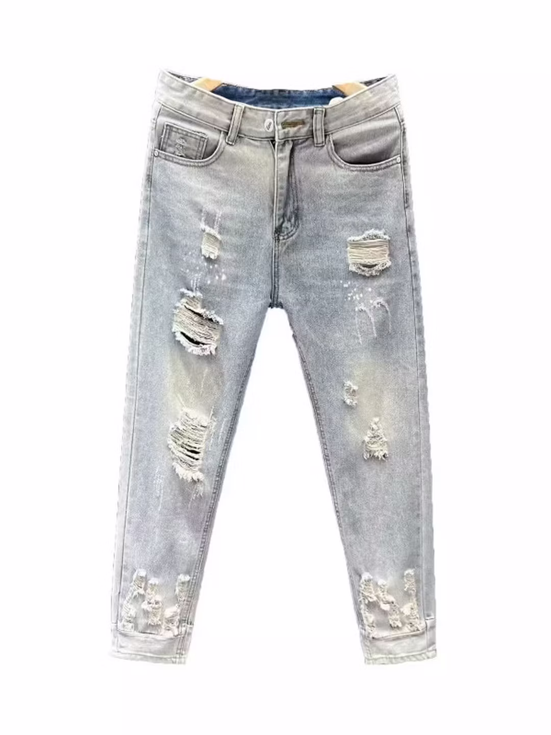 Ripped Nine-point Jeans Men's Summer Trendy Brand Elastic Straight Slim-fitting Pants Korean Version Of Student Ruffian Casual Pants, Blue 33_mkmklike.com