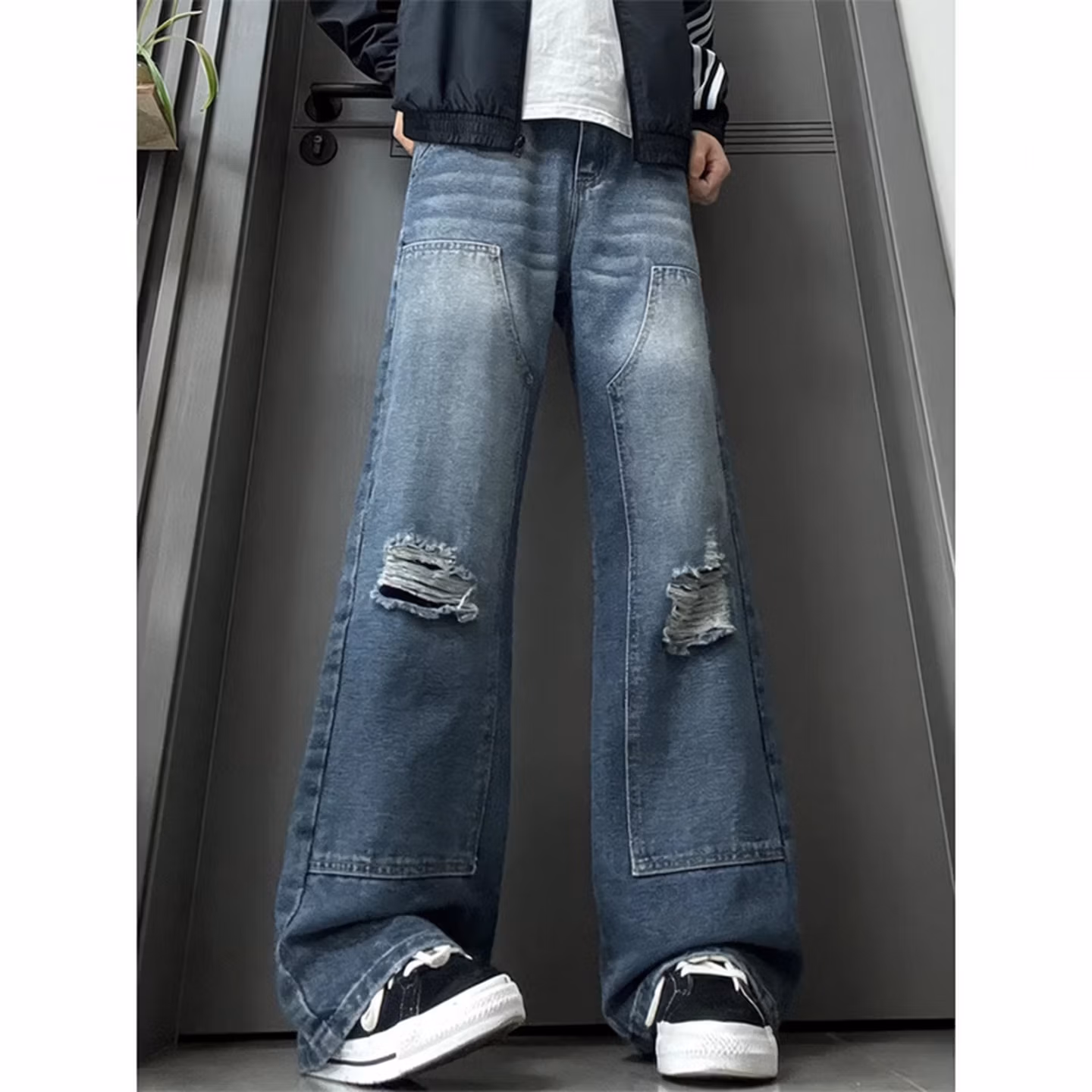 American Fake Ripped Tooling Jeans Men's American Vibe Wide-leg Pants Student Ruffian Handsome Micro-straight Casual Pants, Color (black) S_mkmklike.com