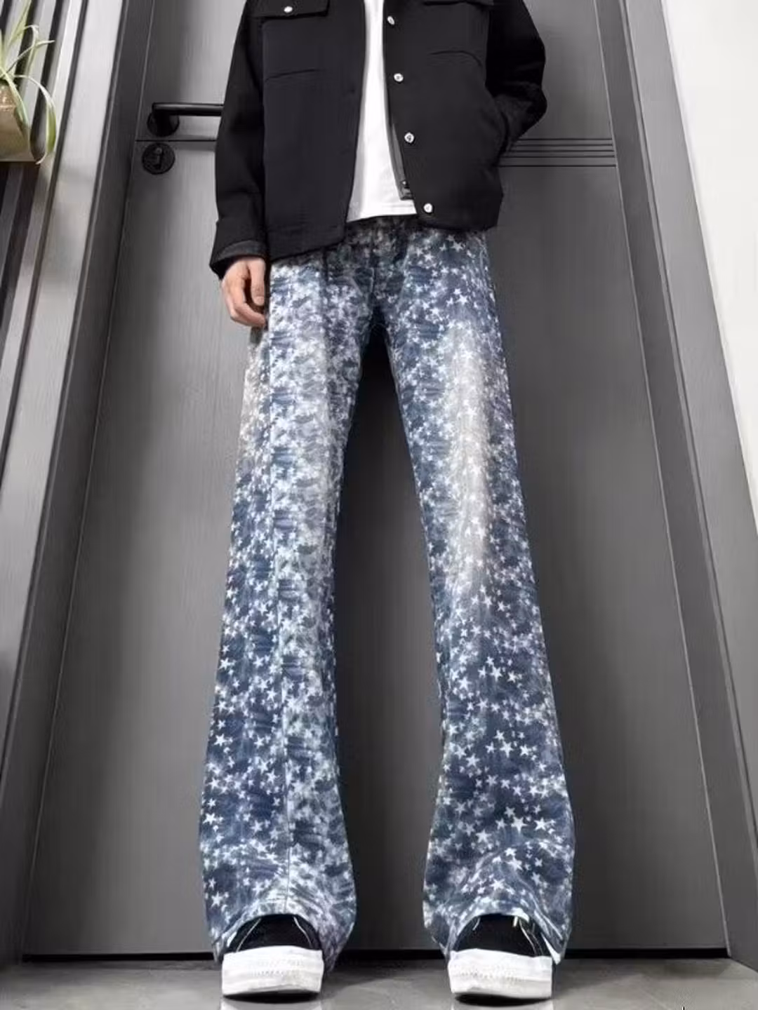 Stars Full Print Jacquard Jeans Men's American High Street Design Sense Of Gradual Change Straight Scimitar Casual Pants, Blue S_mkmklike.com