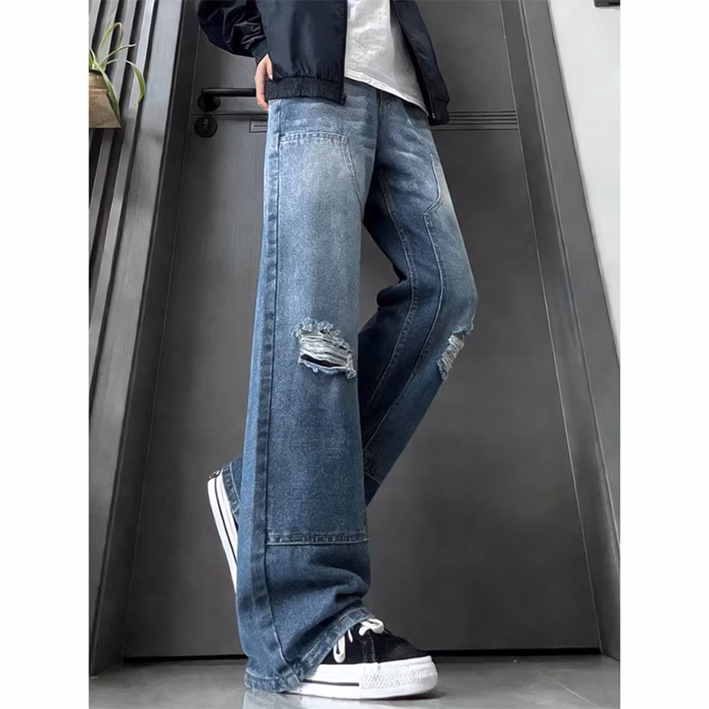 American Fake Ripped Tooling Jeans Men's American Vibe Wide-leg Pants Student Ruffian Handsome Micro-straight Casual Pants, Color (black) S_mkmklike.com