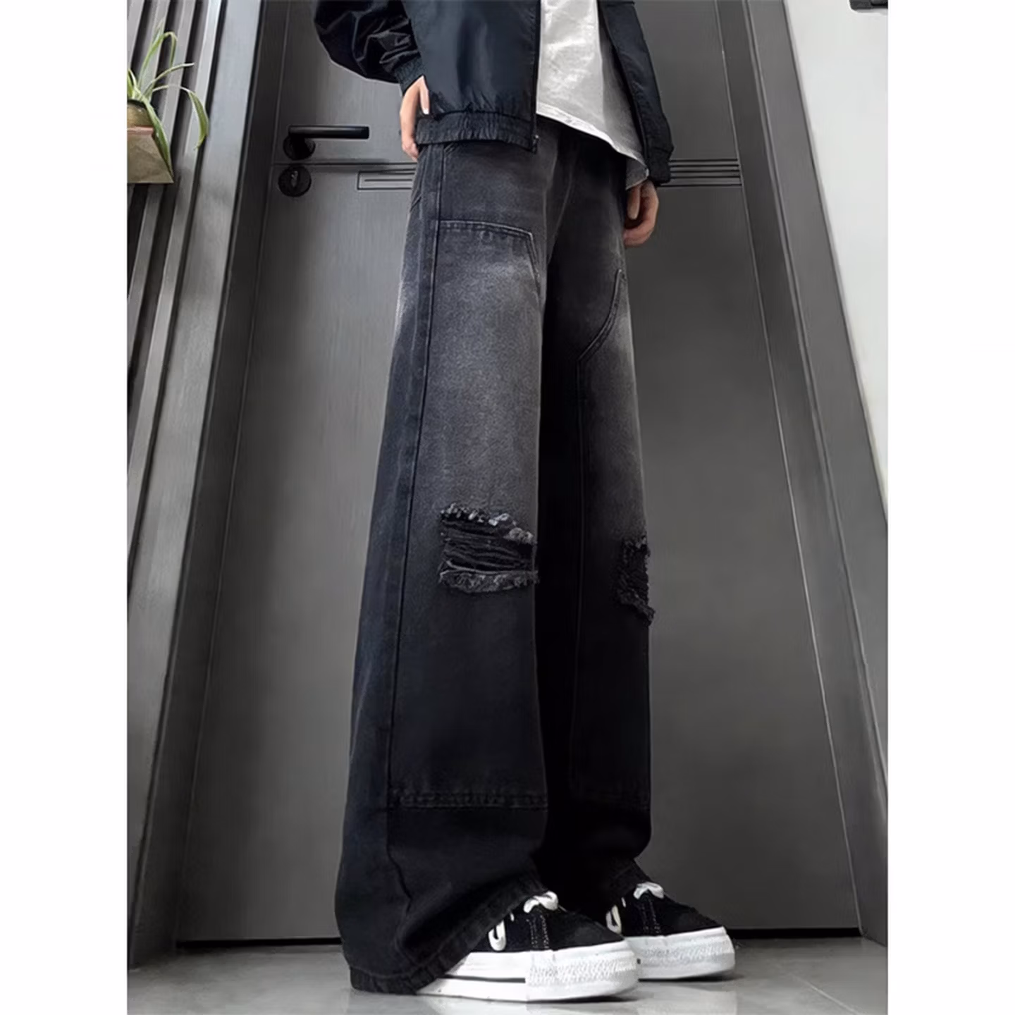 American Fake Ripped Tooling Jeans Men's American Vibe Wide-leg Pants Student Ruffian Handsome Micro-straight Casual Pants, Color (black) S_mkmklike.com