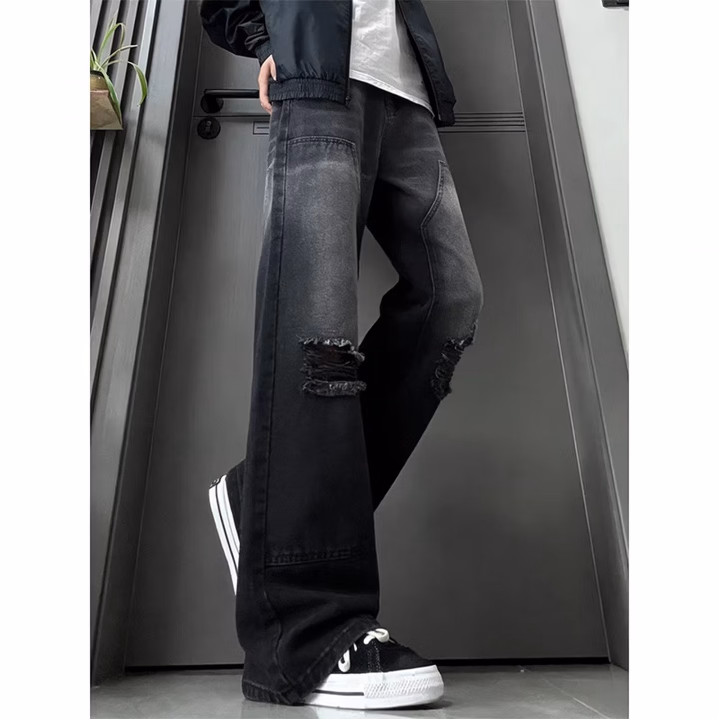 American Fake Ripped Tooling Jeans Men's American Vibe Wide-leg Pants Student Ruffian Handsome Micro-straight Casual Pants, Color (black) S_mkmklike.com