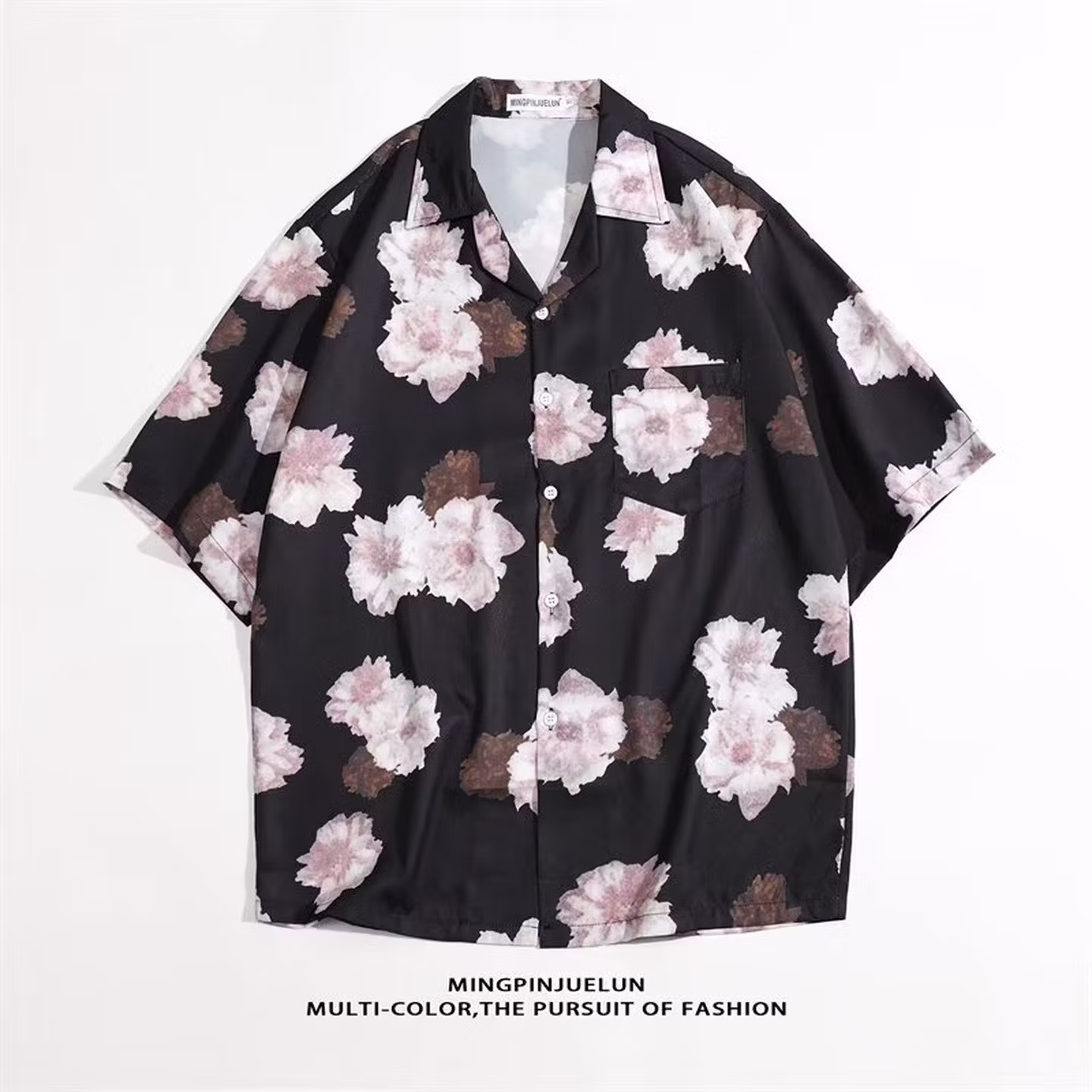 Miami Loose Short Sleeve Flower Shirt Summer Ins Trendy Beach Half Sleeve Shirt Versatile Casual Top, Black M_viptrois.com