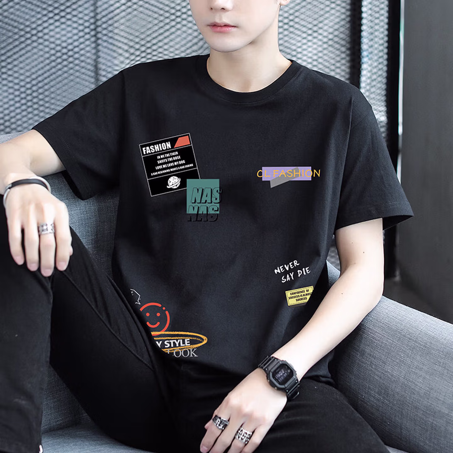 Ice Silk Thin Short-sleeved T-shirt Men's Summer Pure Cotton Teen Handsome Half-sleeved Summer Clothes T9902 Blue 2XL_viptrois.com