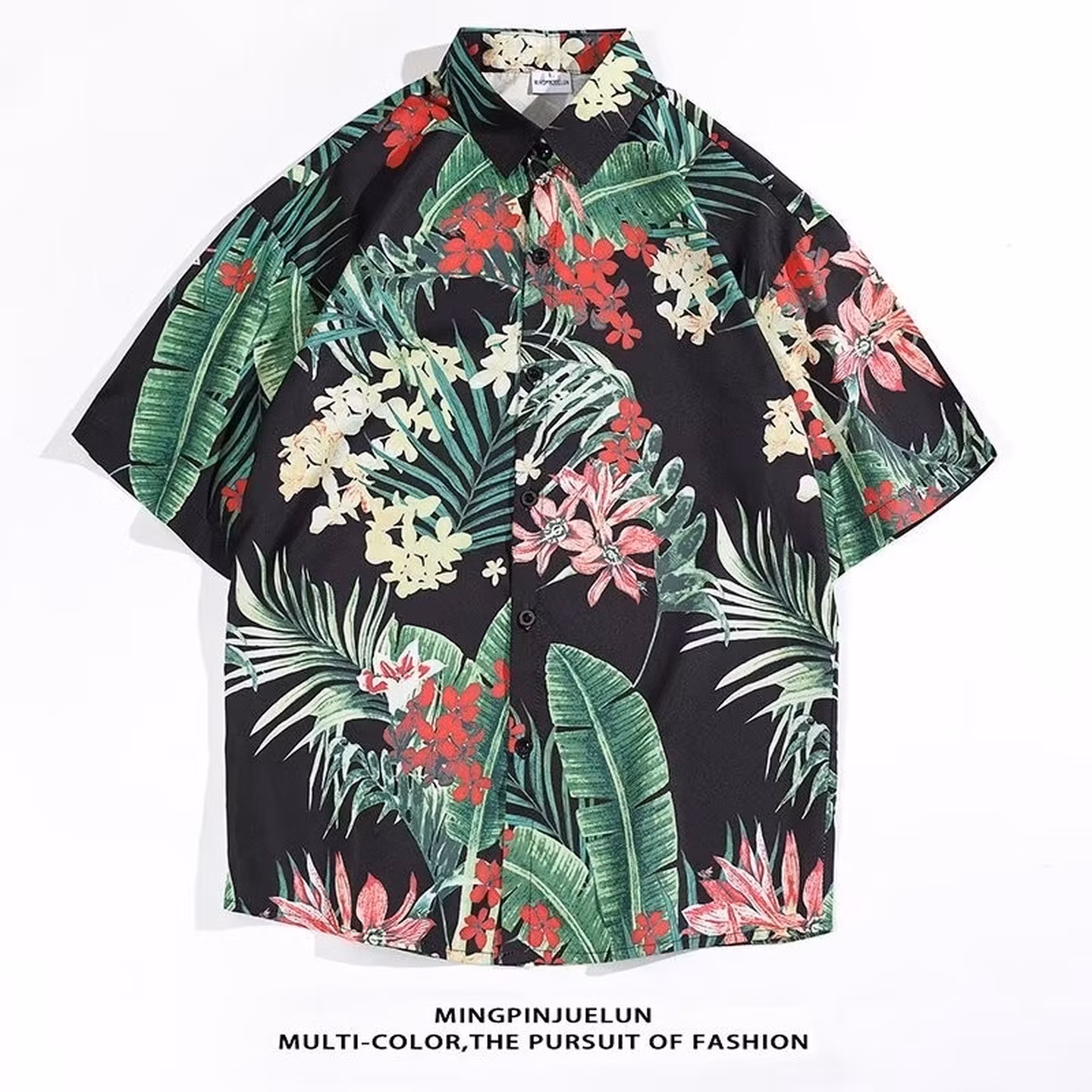 Hawaiian Flower Shirt Men's Thai Style Restaurant Short-sleeved Shirt Retro Trend Ruffian Handsome Vacation Beach Loose Shirt_viptrois.com