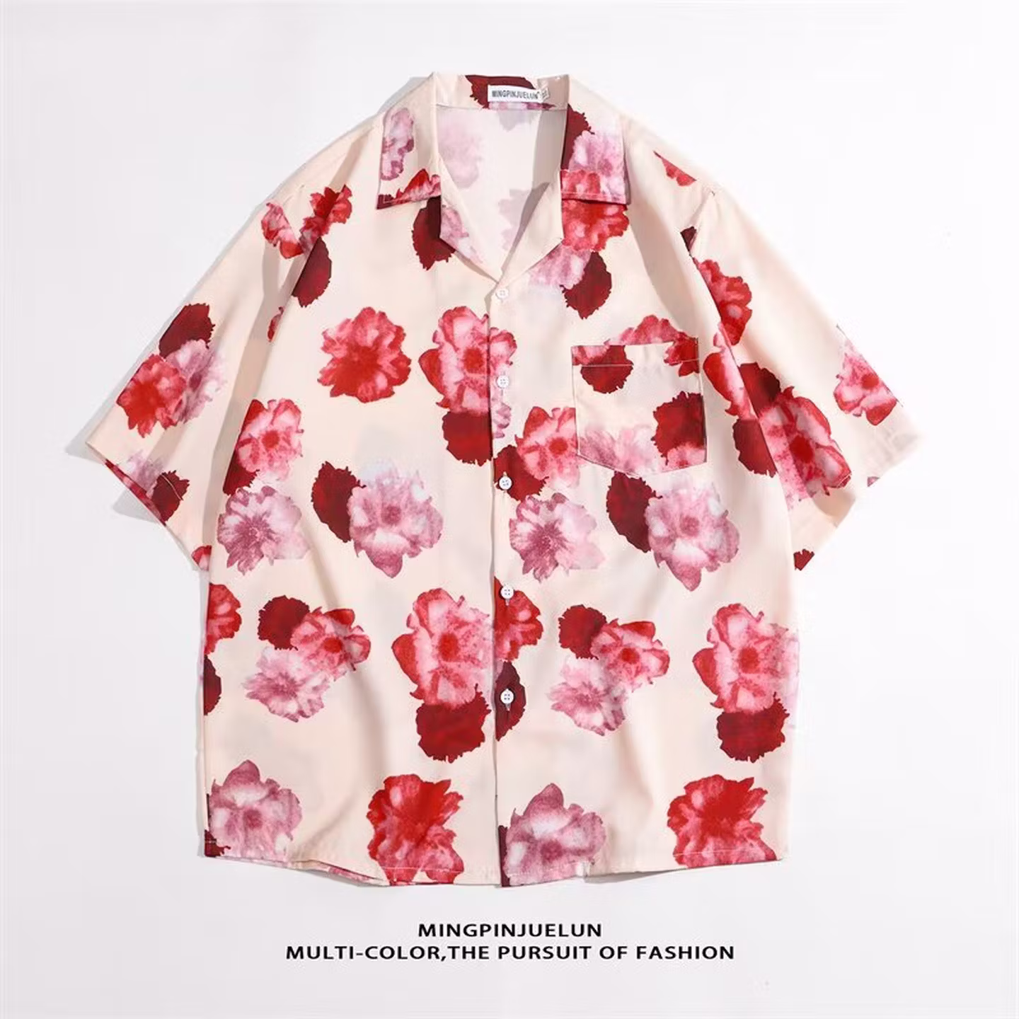 Miami Loose Short Sleeve Flower Shirt Summer Ins Trendy Beach Half Sleeve Shirt Versatile Casual Top, Black M_viptrois.com