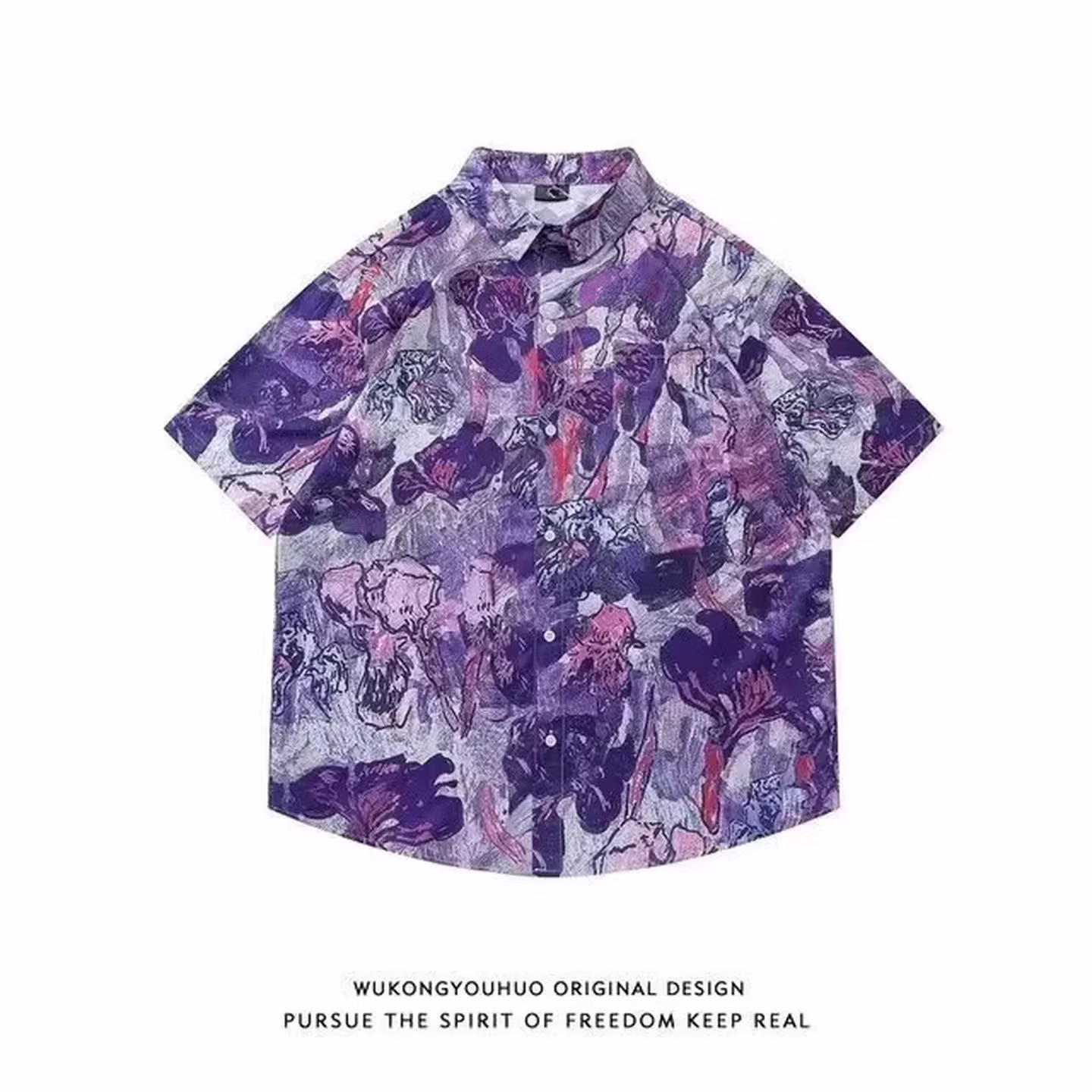 2026 Hawaiian Handsome Retro Printed Shirt Summer Casual Ins Ruffian Handsome Style Short-sleeved Beach Shirt Men's Trend, Purple M_viptrois.com