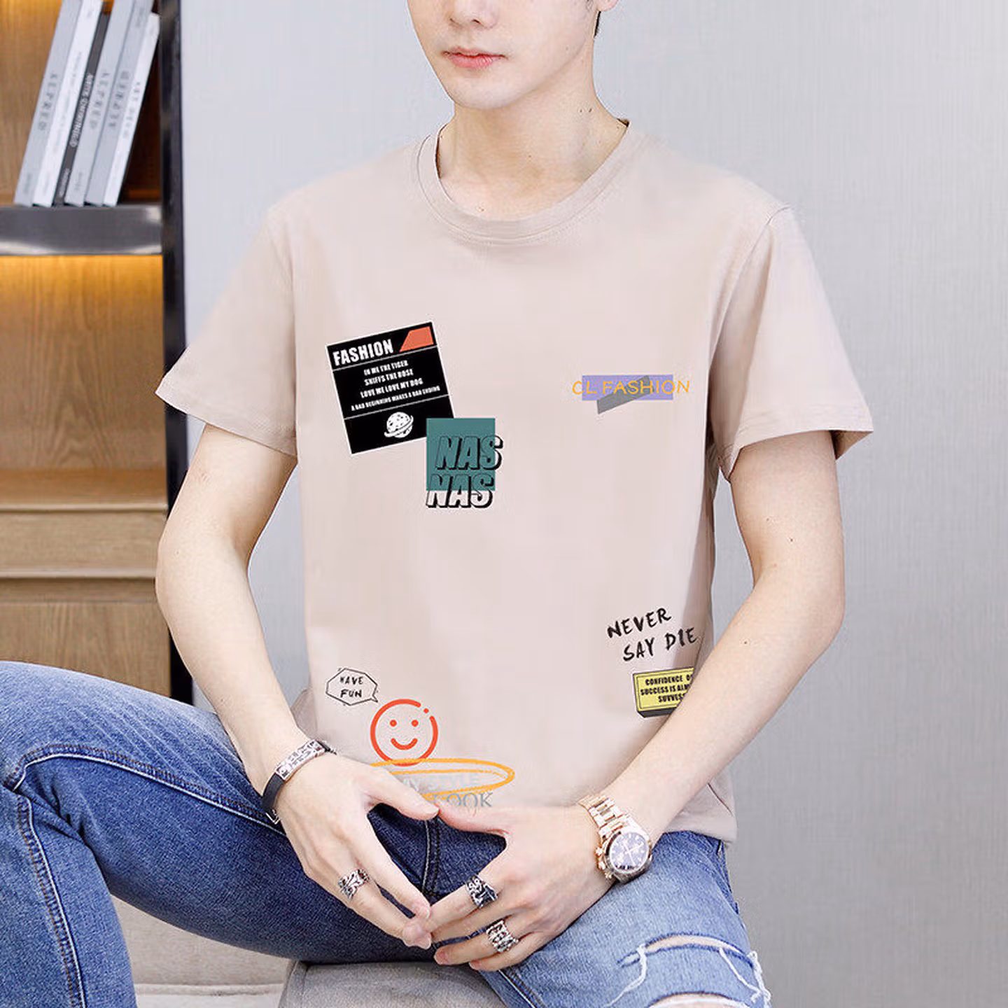 Ice Silk Thin Short-sleeved T-shirt Men's Summer Pure Cotton Teen Handsome Half-sleeved Summer Clothes T9902 Blue 2XL_viptrois.com