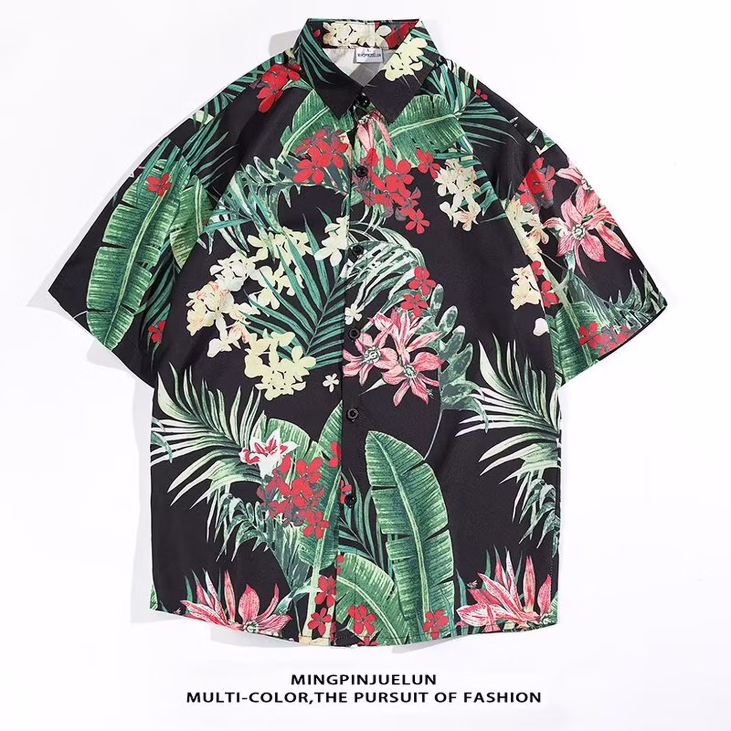 Hawaiian Flower Shirt Men's Thai Style Restaurant Short-sleeved Shirt Retro Trend Ruffian Handsome Vacation Beach Loose Shirt_viptrois.com
