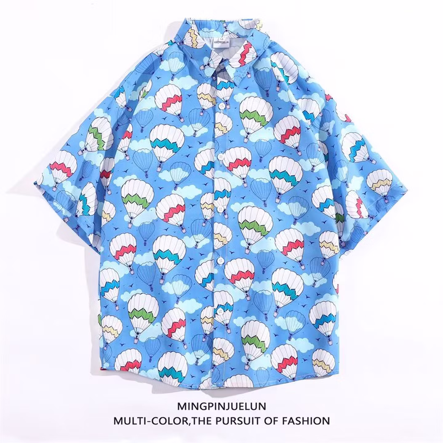 Hawaiian Ruffian Handsome Flower Shirt Men's Summer Thin Hong Kong Trendy Brand Seaside Vacation Beach Shirt Men's, Blue L_viptrois.com