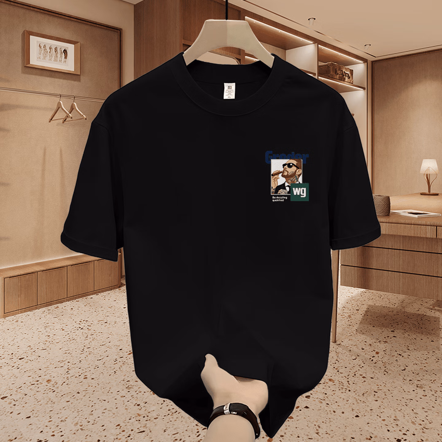 Herren Eisseide T-shirt Kurzarm Sommer Oberteil Casual Schwarz_voghion.com