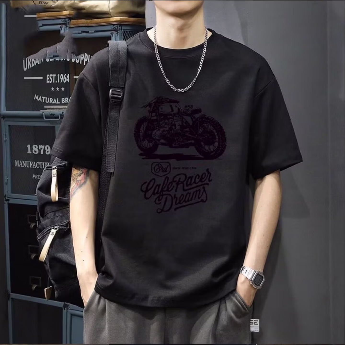 Herren T-shirt Aus Schwerer Baumwolle American Retro Rundhals_voghion.com