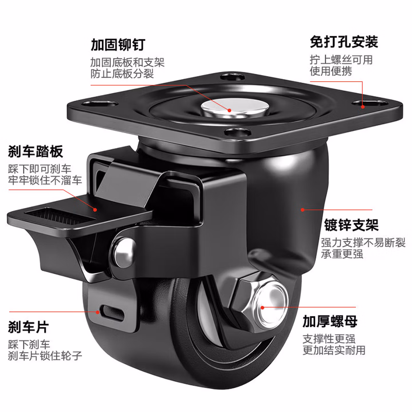 万向轮载重型1.5寸2寸8/10mm丝杆重型万向轮轮子聚氨酯静音带刹车转向轴承脚