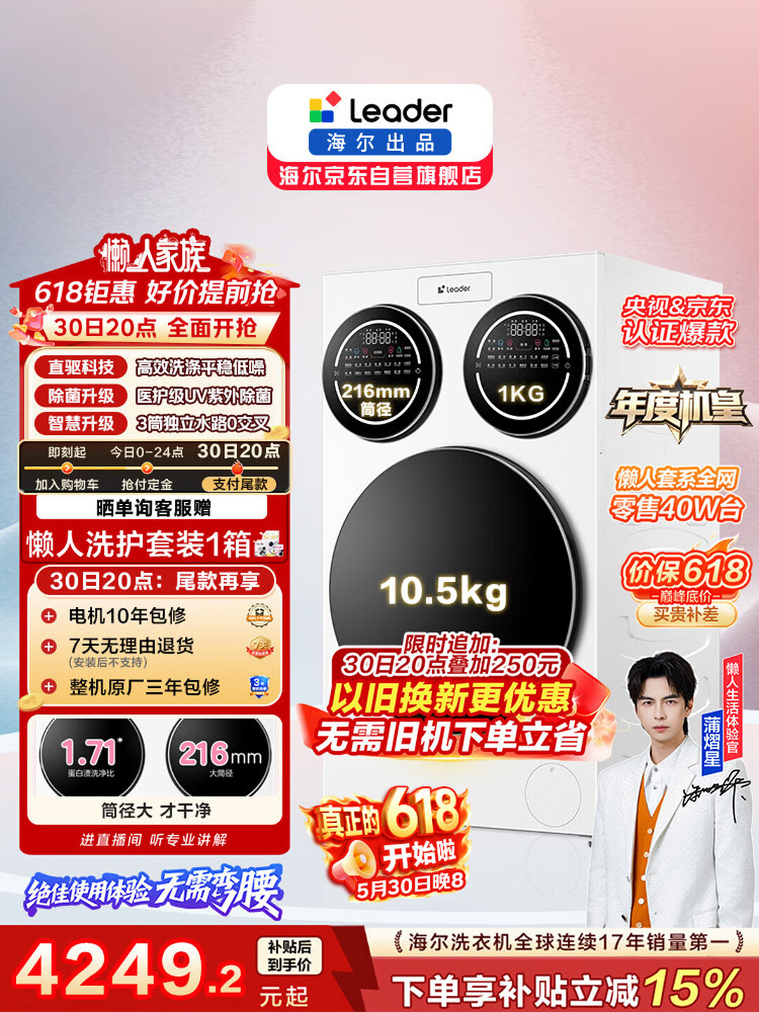 统帅（Leader）海尔出品懒人三筒洗衣机ProMax 12.5KG滚筒全自动 内衣洗 三桶年度机皇 国家补贴697 自营